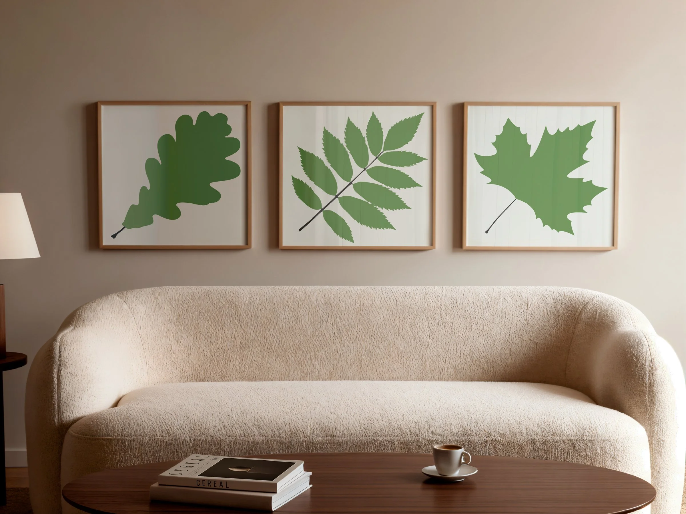 Living room with three framed botanical art prints of different green leaves hanging on a plain wall above a beige textured sofa. In front of the sofa, a wooden coffee table with a stack of black and white magazines and a white cup and saucer.
