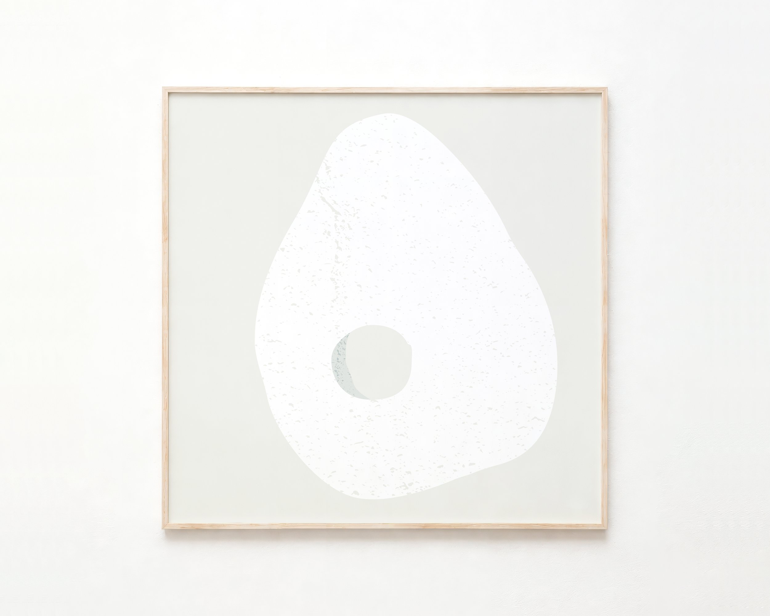 Minimalist art print of a white question mark on a light grey background, framed with light wood, hanging on a white wall.