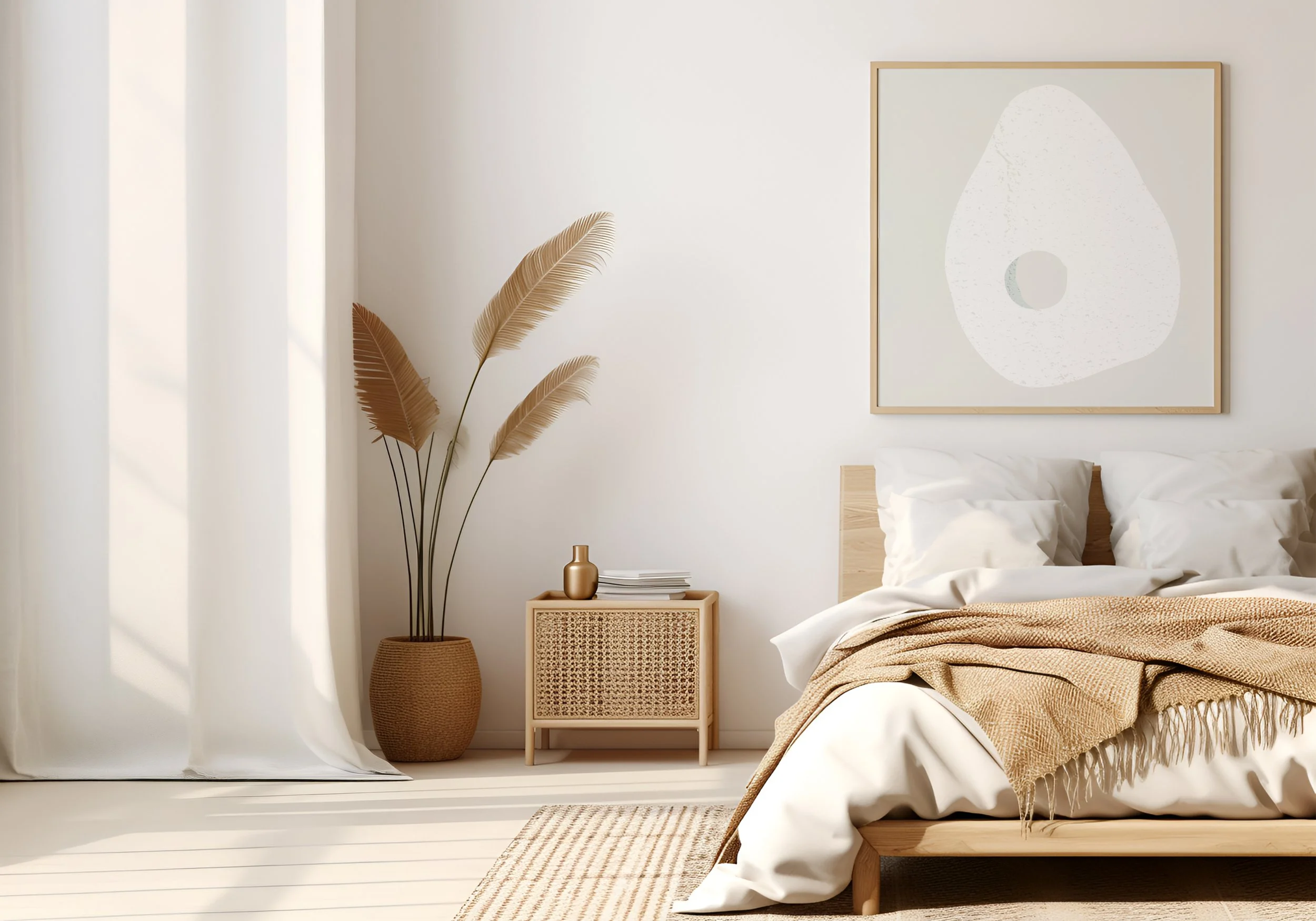 A minimalist bedroom with a bed, a nightstand, a large abstract wall art, a woven basket, and neutral-colored decor, illuminated by soft natural light.