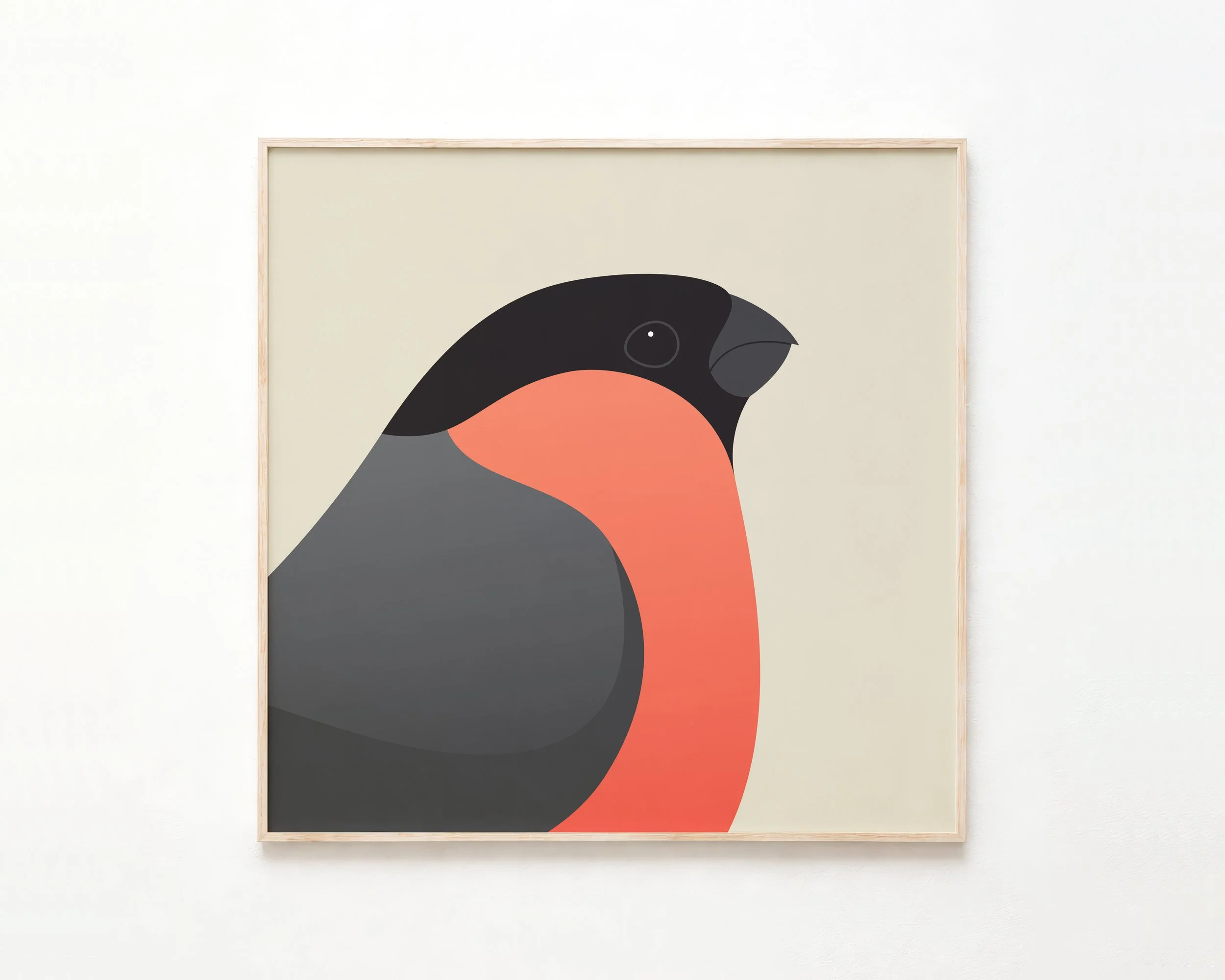 A framed minimalist art print of a stylized bird with a black head, gray body, and peach-colored chest, displayed on a white wall.