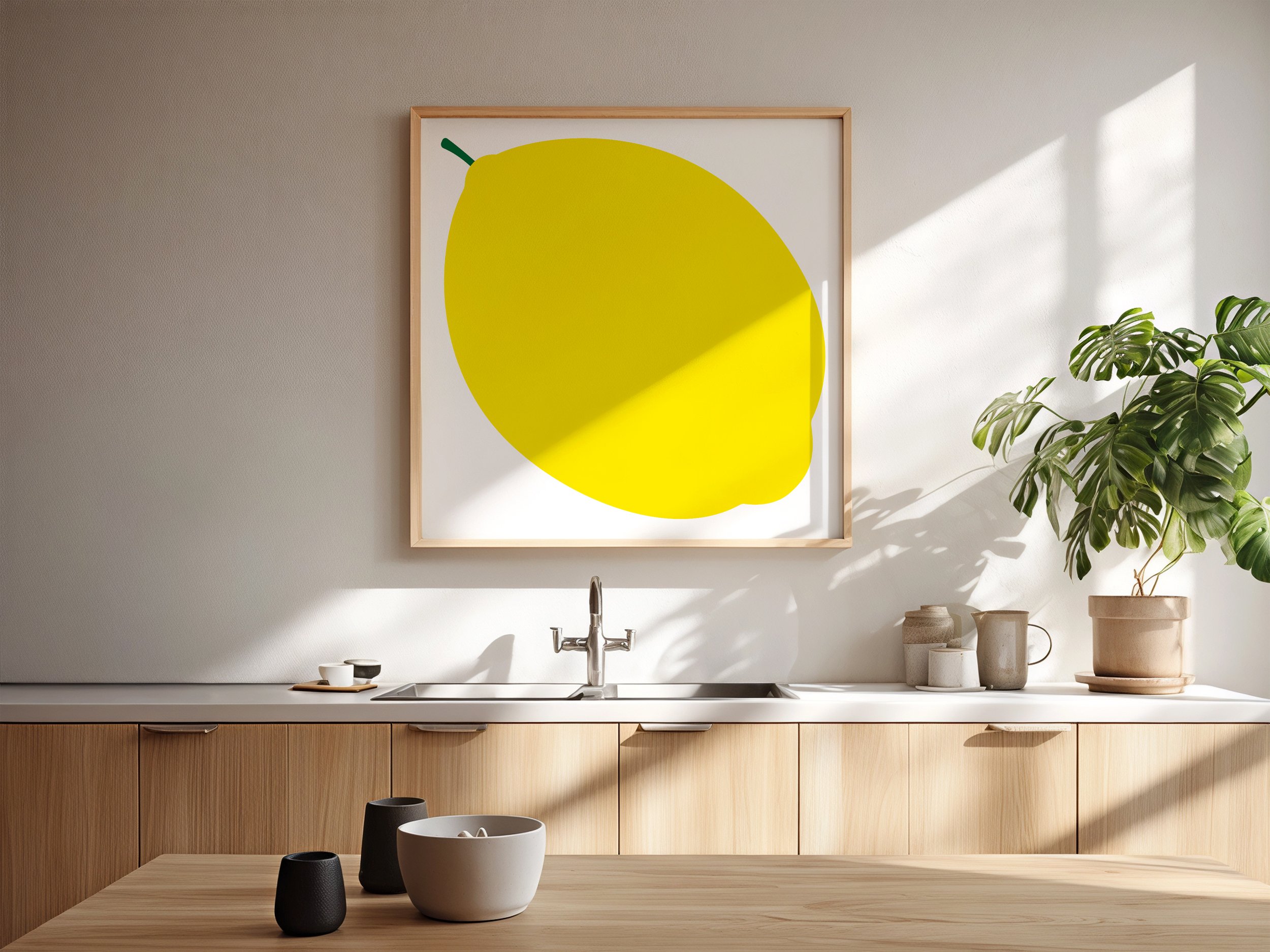 Minimalist kitchen with a light wood cabinet, a white countertop, and a sink. A large yellow abstract art piece hangs on the wall above the counter, and a potted plant with green leaves is on the right side. The scene is illuminated by natural sunlight.