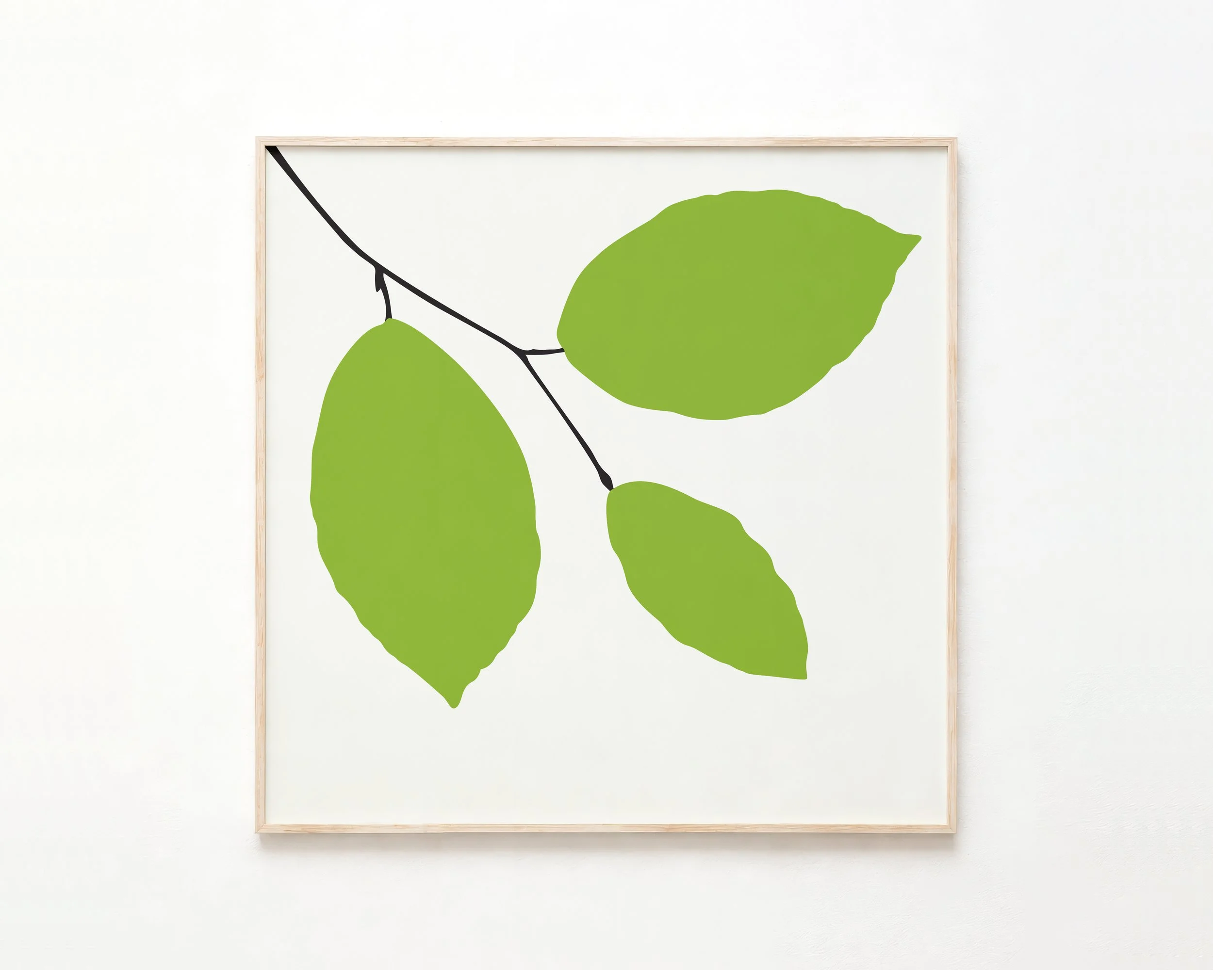 Minimalist illustration of green leaves and black line details on a white background, framed in light wood.