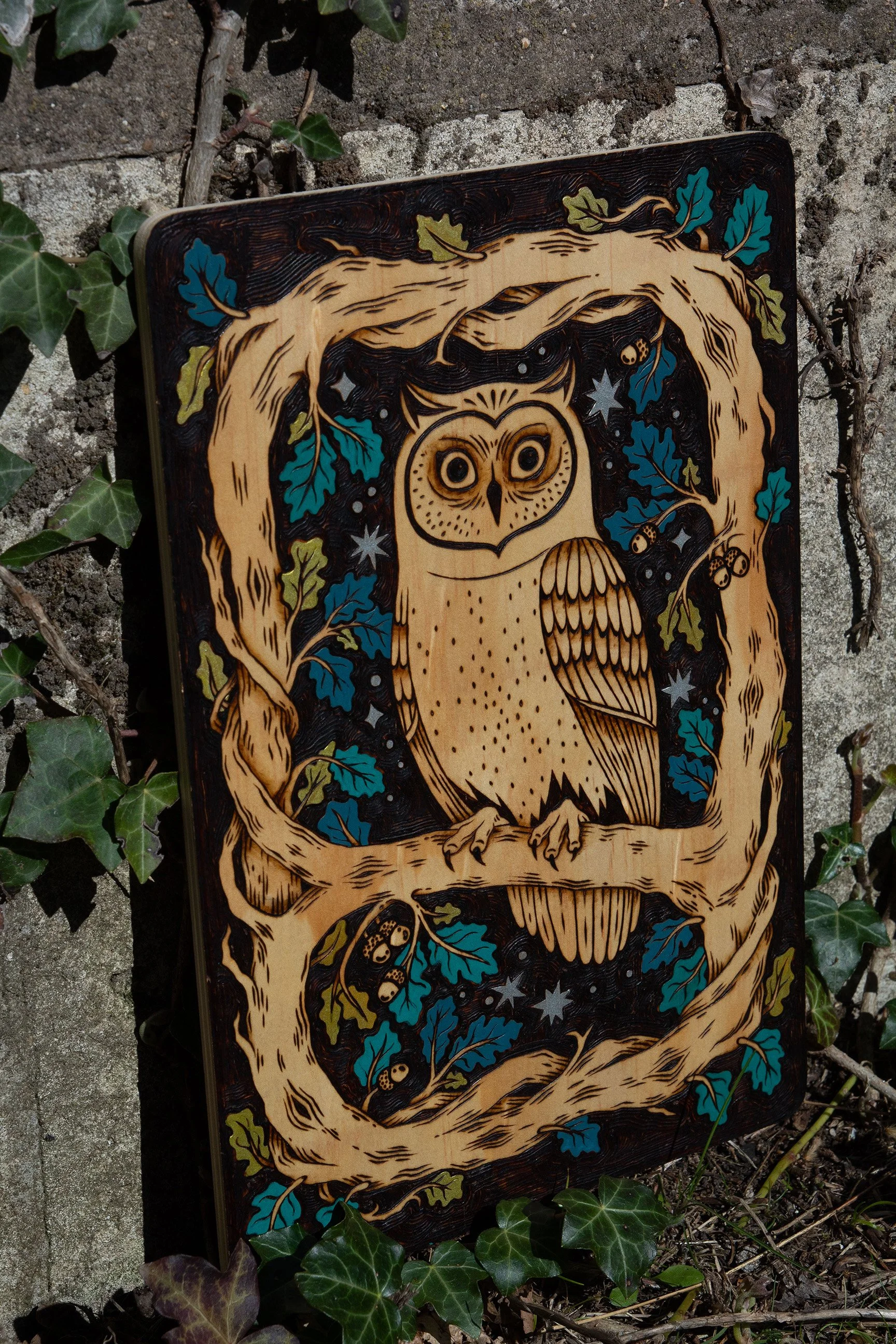 Plaque en bois gravée - Hibou couleur