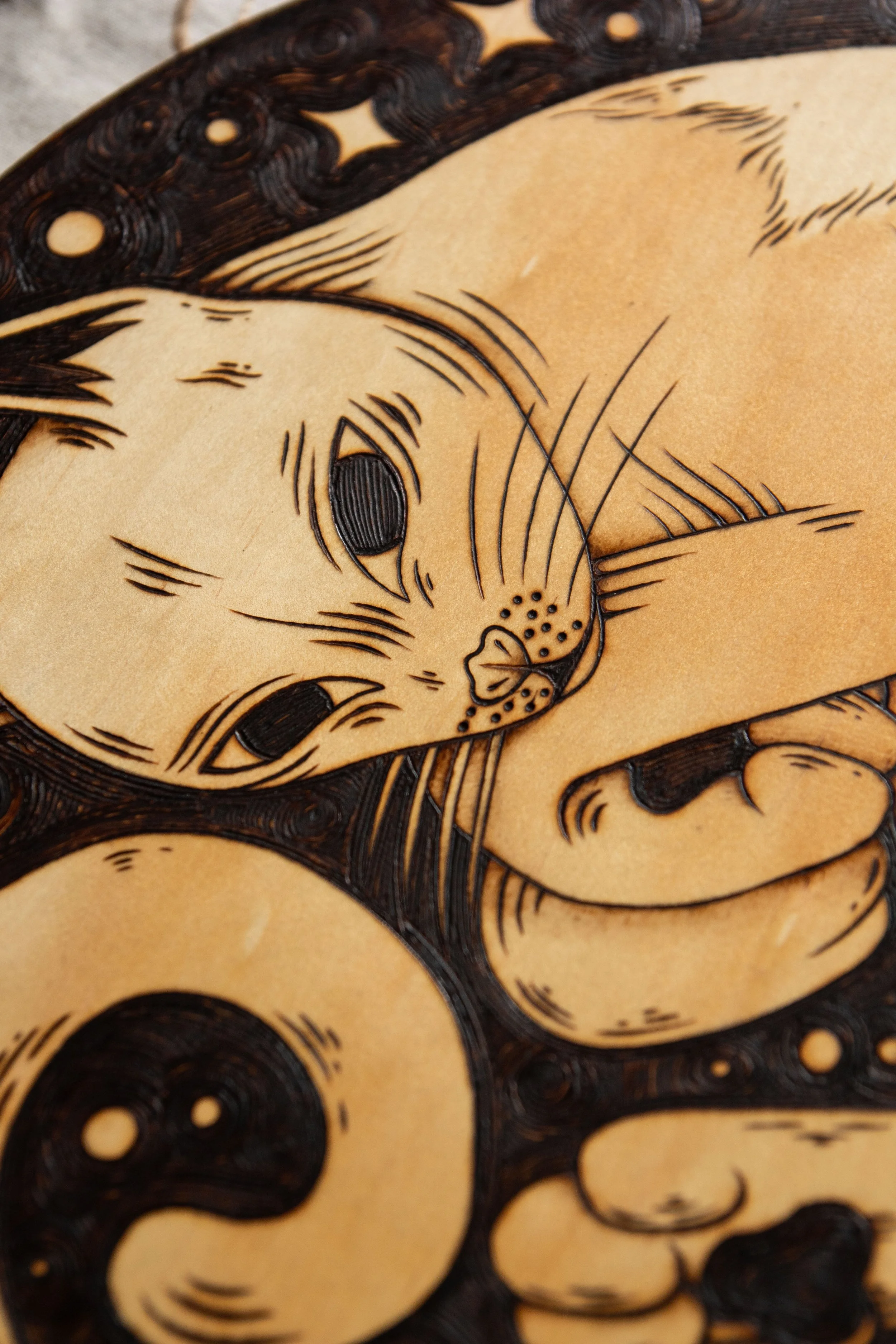Détail d'une pyrogravure artisanale sur un disque en bois naturel représentant un chat mystique gravé avec de fins détails de pelage et d'ombrage.