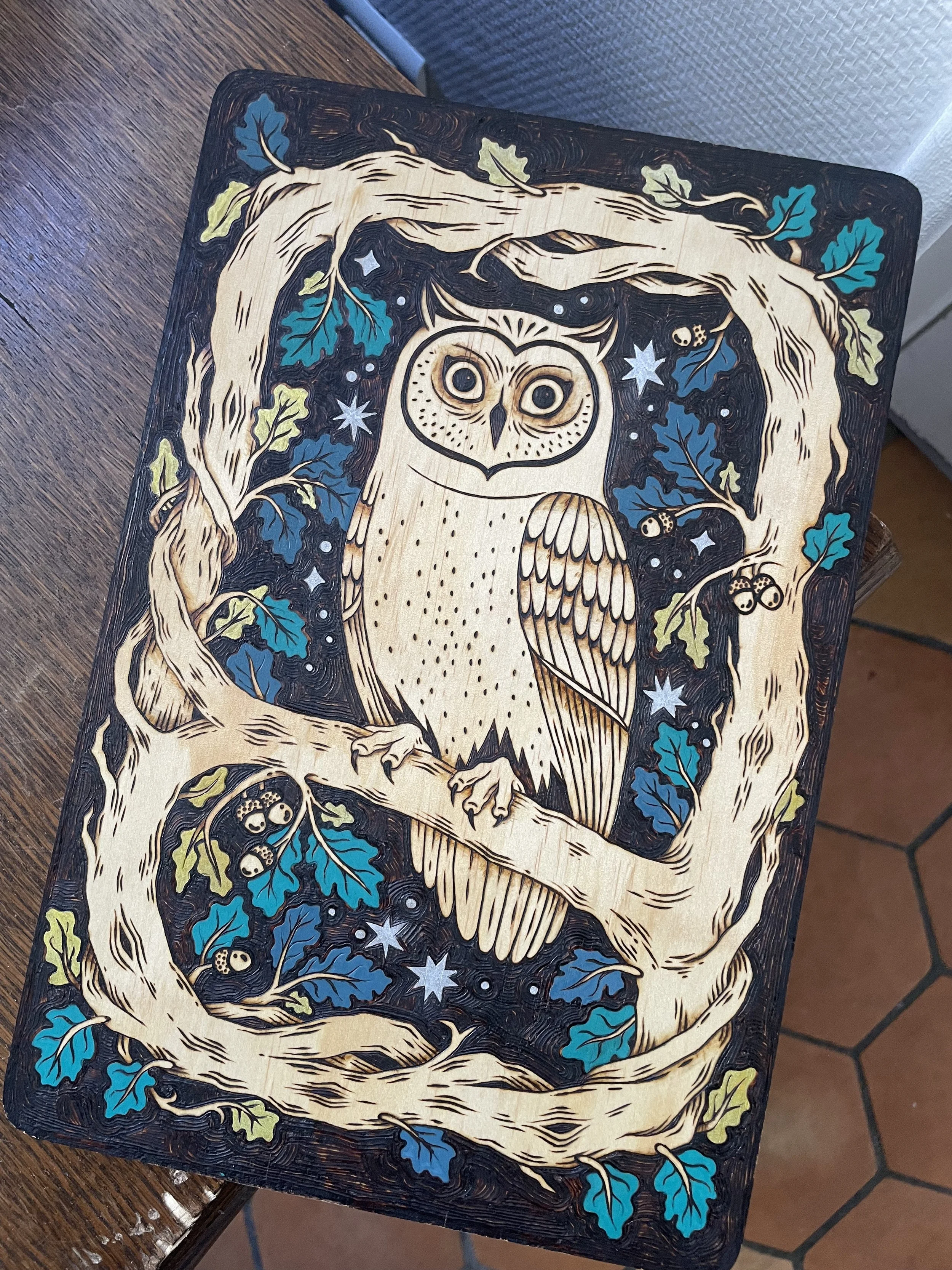 Détail d'une oeuvre décorative en bois gravée à la main représentant un hibou mystique, avec de délicats détails colorés à la peinture acrylique.