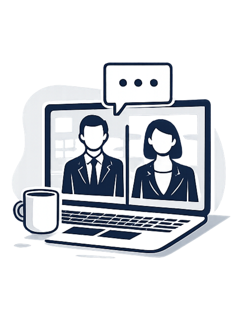 Illustration of two people on a video call on a laptop, with a speech bubble above them, a coffee mug beside the laptop, and a cityscape background.