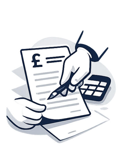 A hand holding a pen writing on a financial document with a calculator nearby.