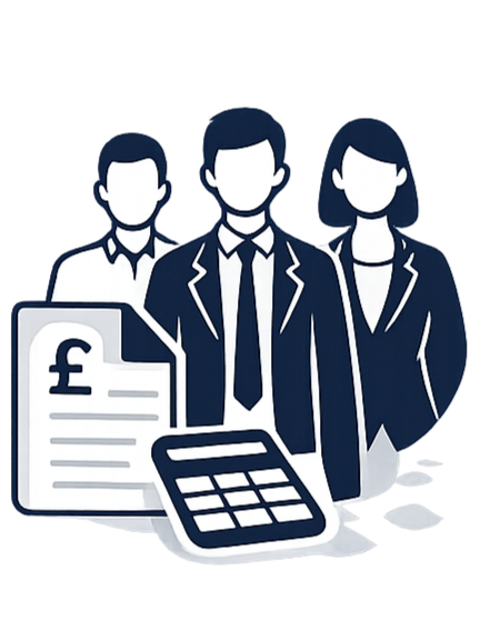 Illustration of three businesspeople standing behind financial documents, a calculator, and a coin, representing finance and business.