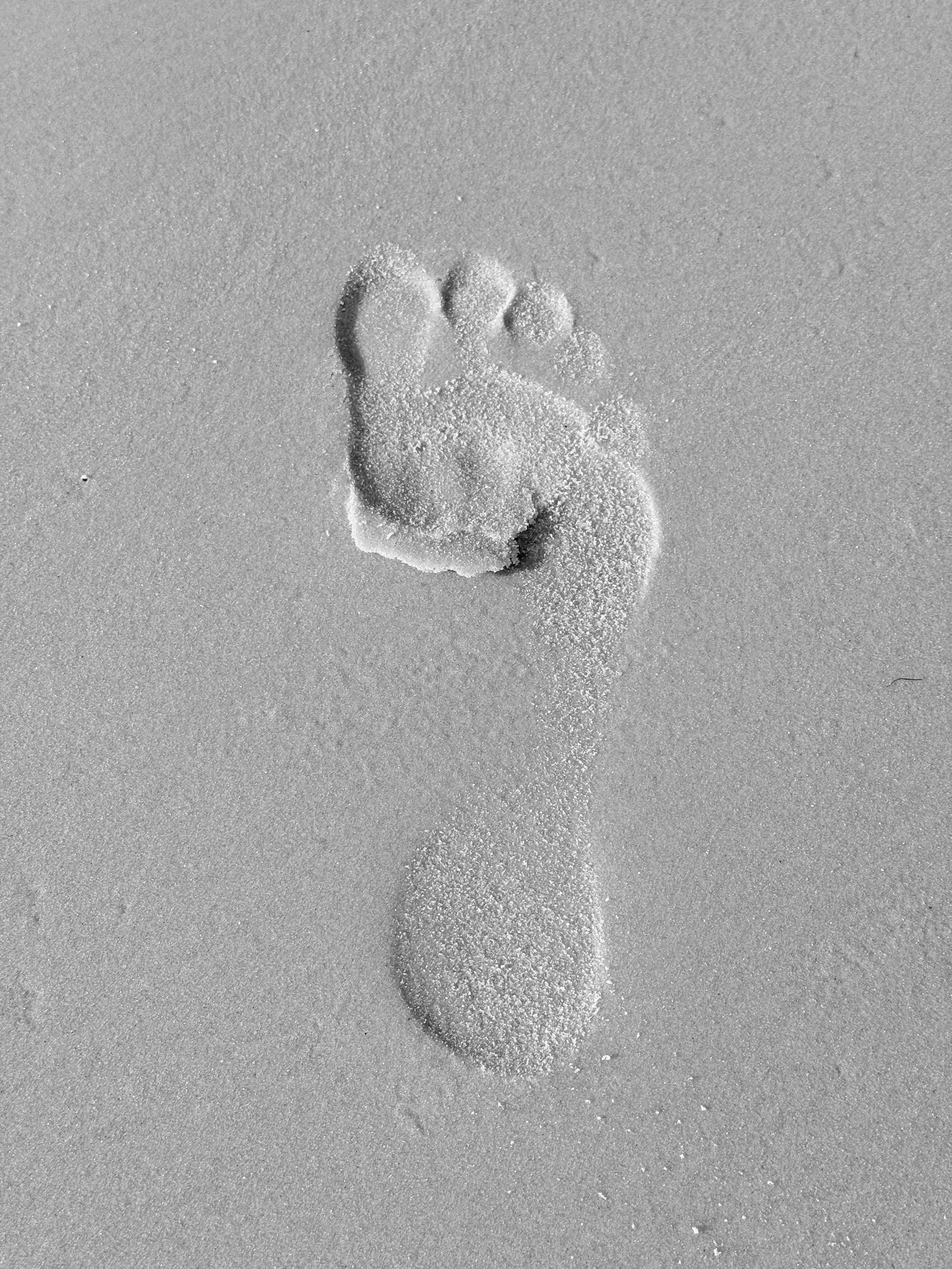 Footprint in the snow with a small snowball next to it.