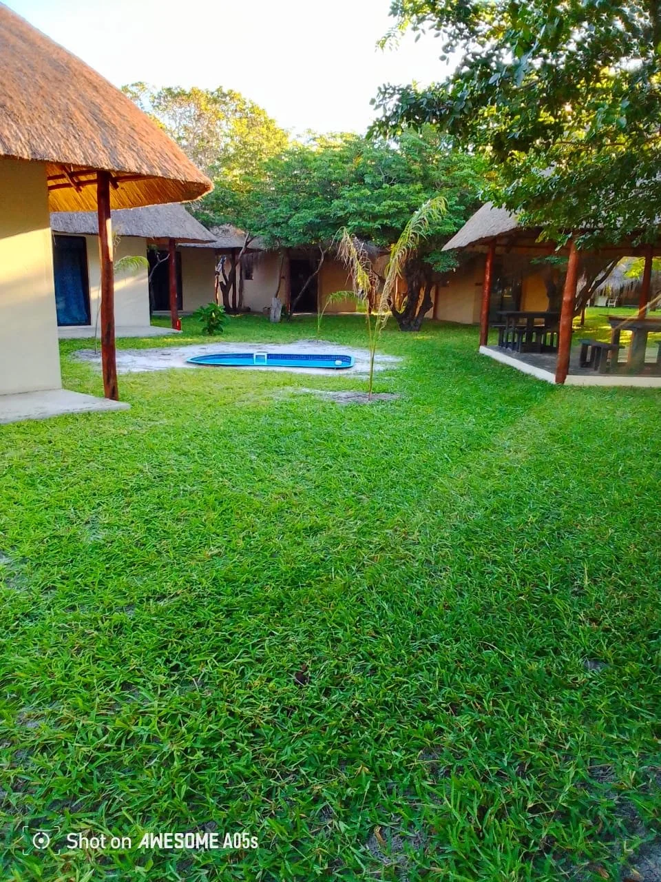 Lush green lawn in a resort-style area with thatched-roof cabins, a small blue pool in the center, trees, and wooden picnic tables on a covered patio.