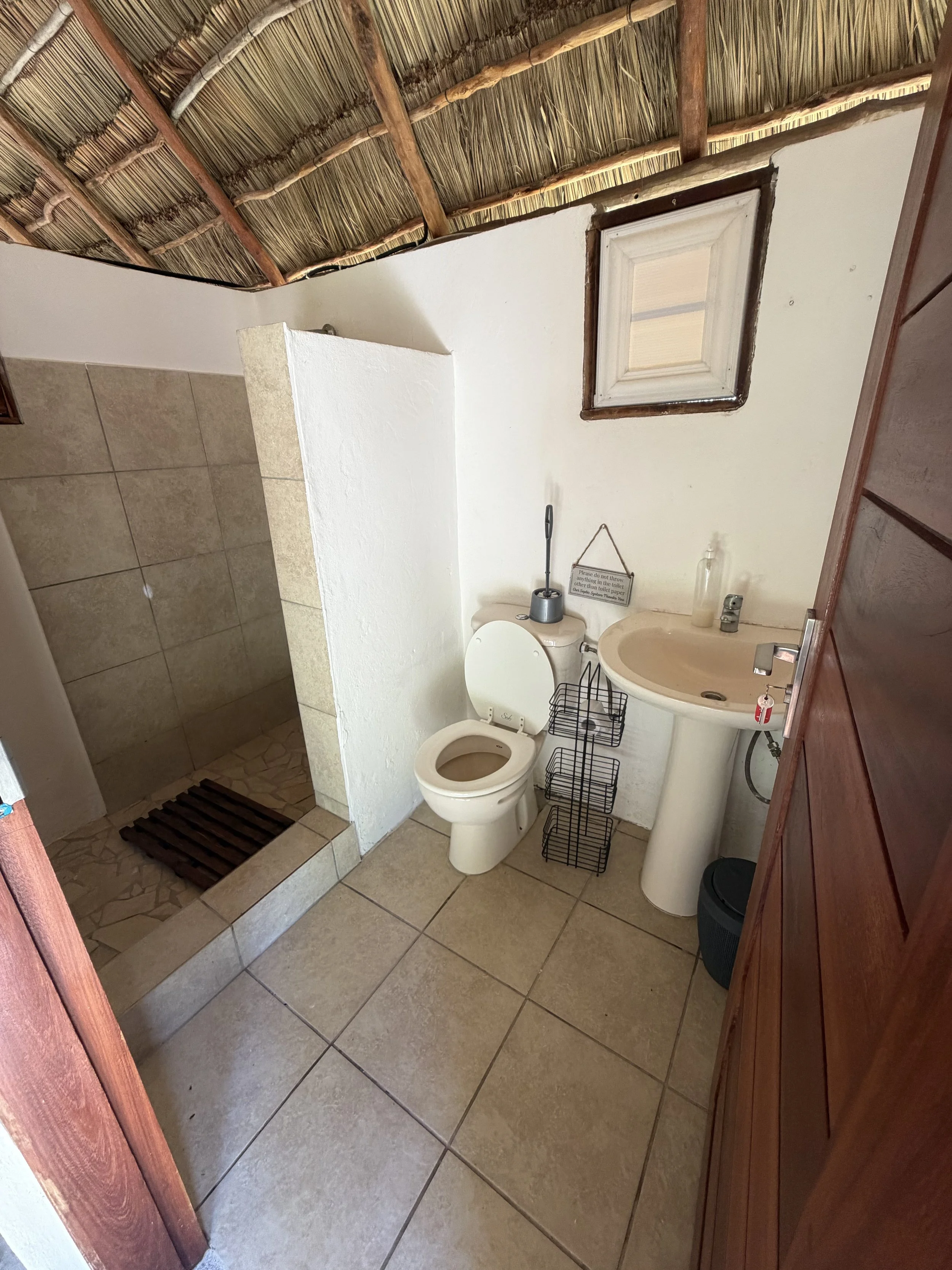 Small bathroom with a corner shower, toilet, sink, and wooden cabinet, wood ceiling with thatch, tiled floor, small window, and some cleaning supplies.