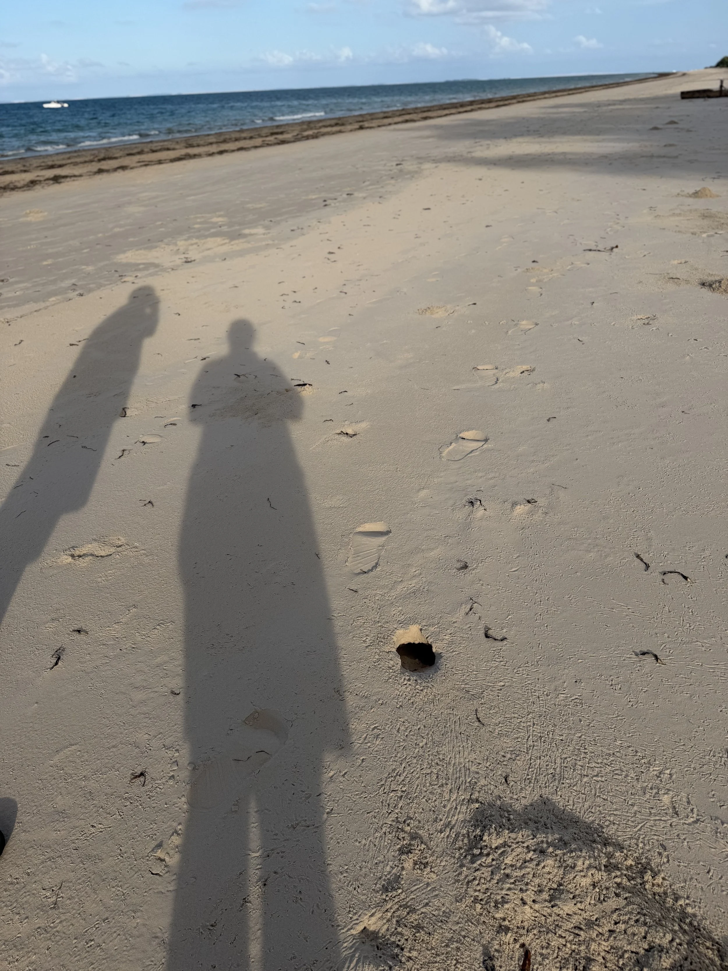 Shadow of two people on sandy beach with footprints, ocean and clouds in the background.