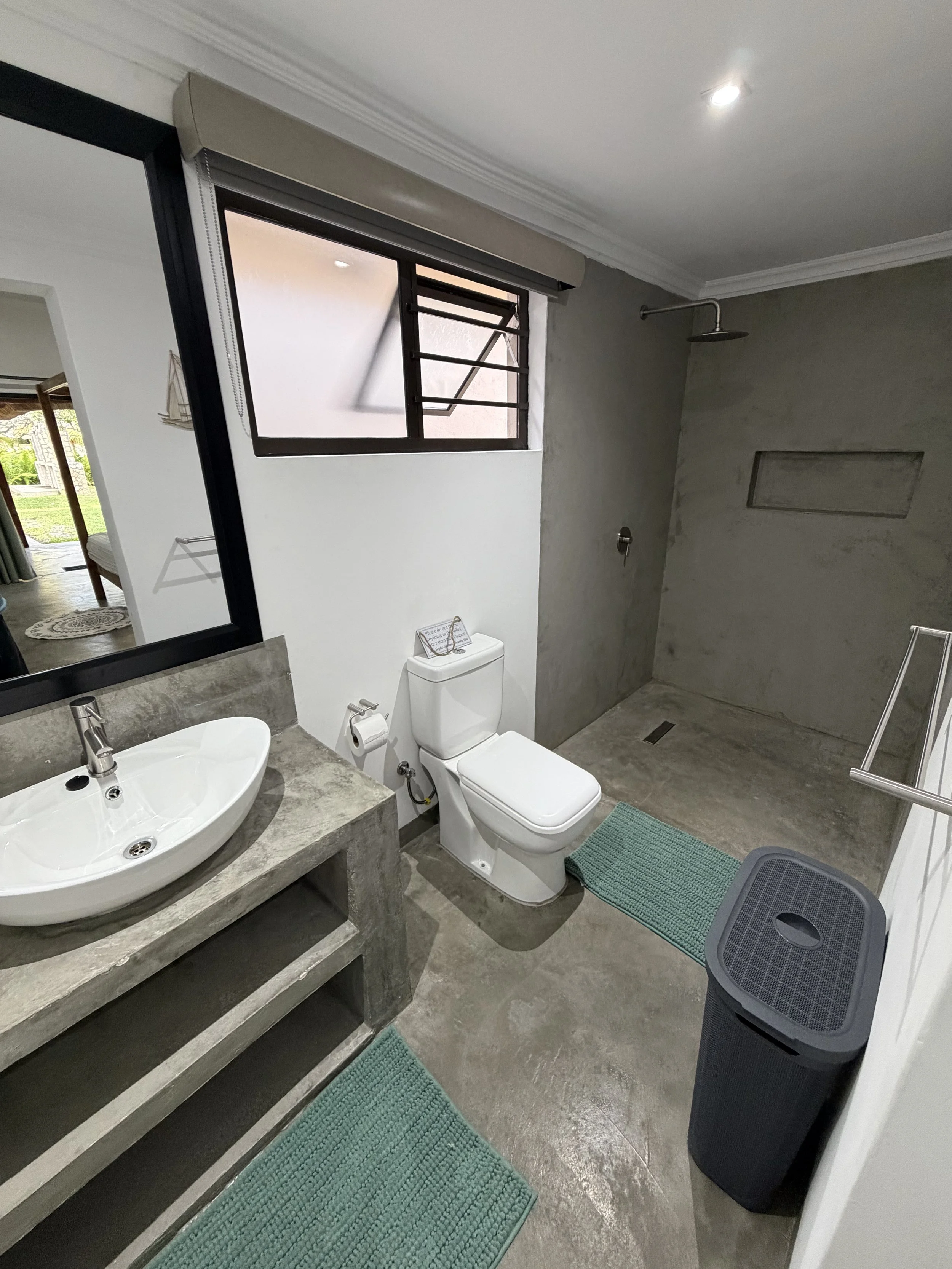 Modern bathroom with a walk-in shower, toilet, vanity with a vessel sink, a large mirror, green rugs, and a nearby window.