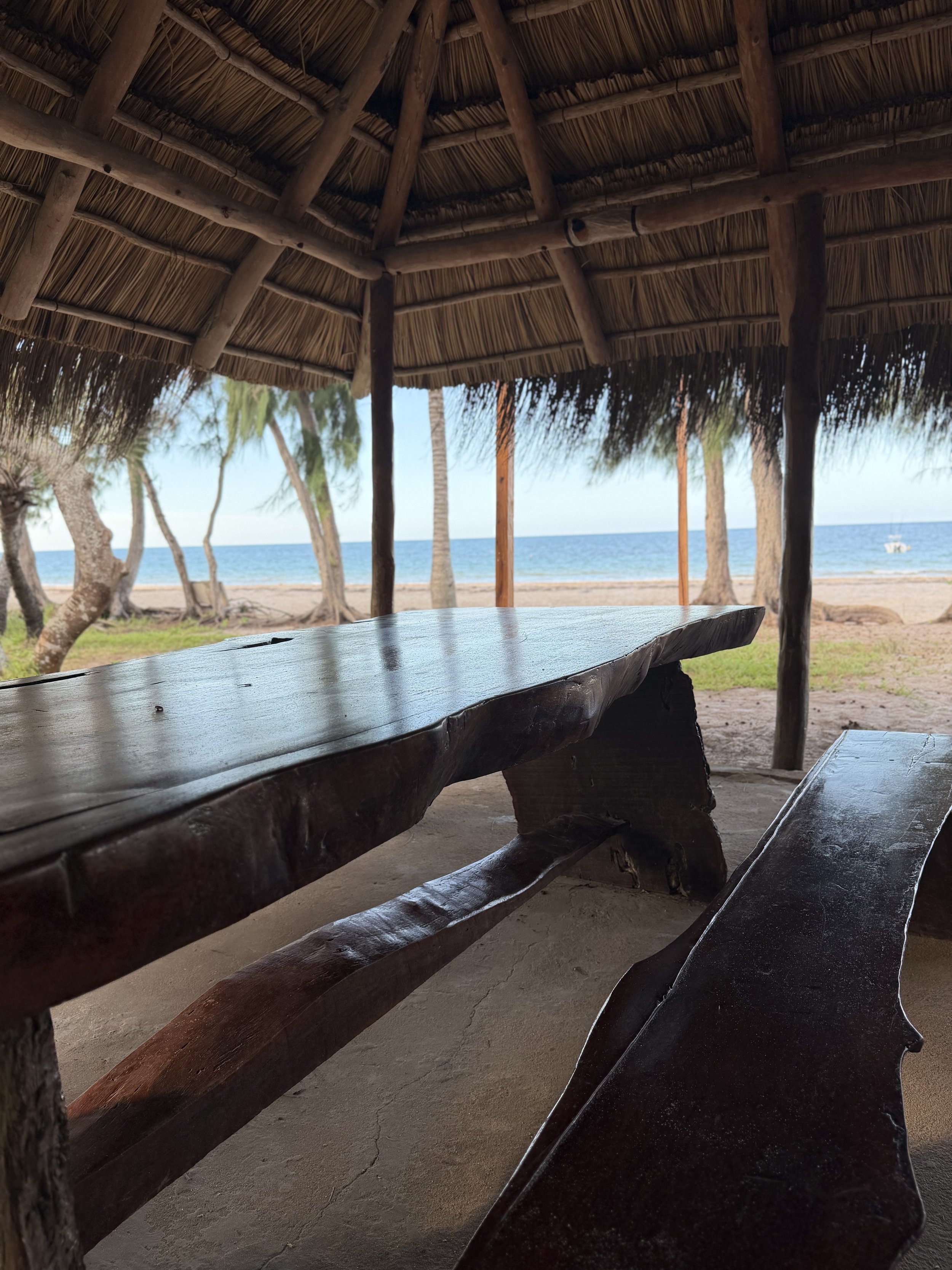 Beachside hut with a wooden table and bench, overlooking the ocean with a boat in the distance and trees on the sandy shore.