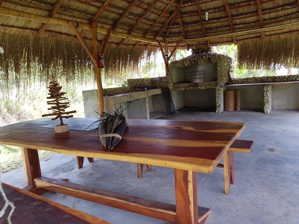 Open-air structure with a thatched roof, outdoor kitchen area with a brick fireplace, a wooden table with a decorative sculpture and a bag on it, and rural scenery visible in the background.