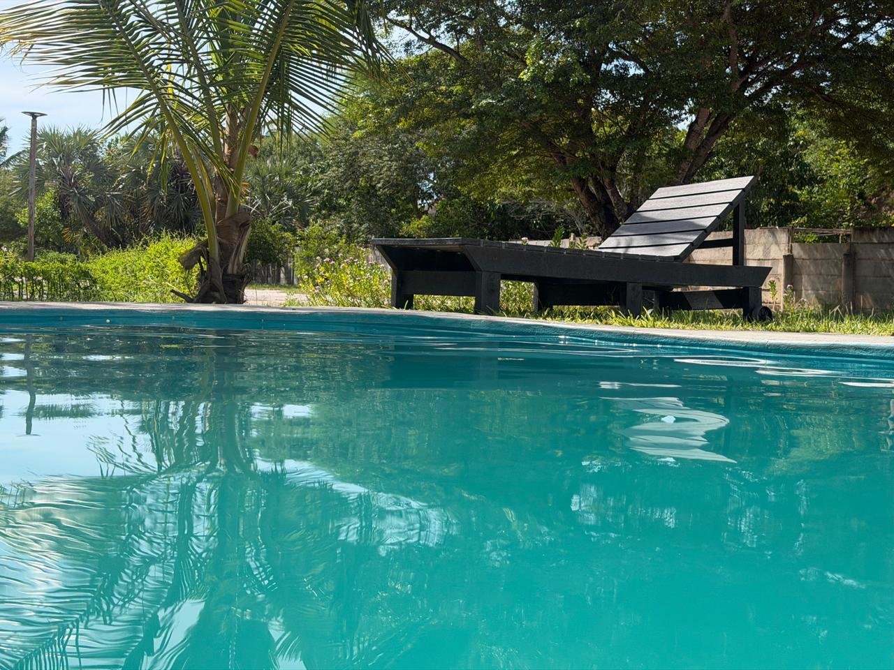 A swimming pool in a backyard with a lounge chair and lush green trees and plants in the background.