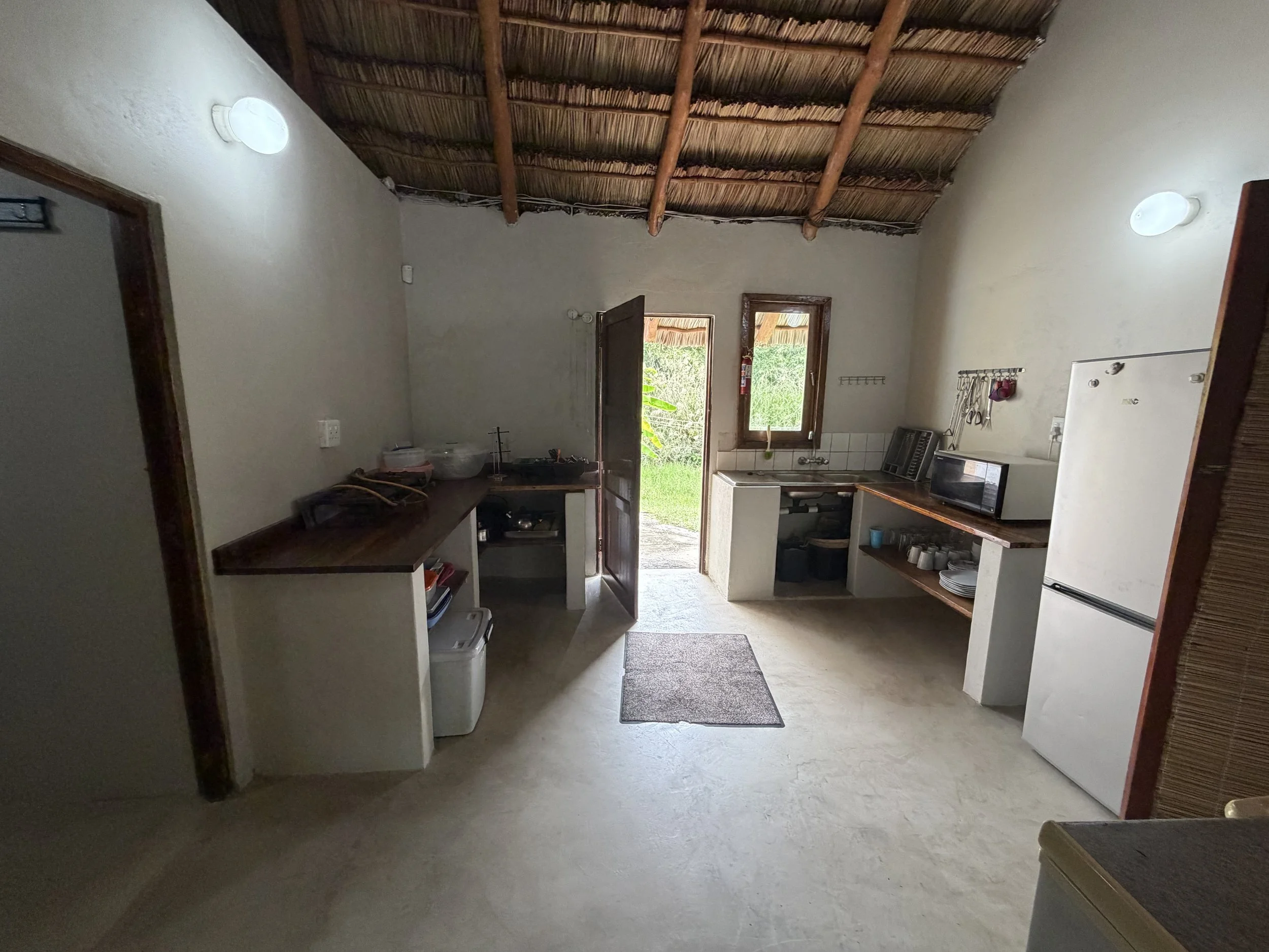 Interior of a small kitchen with thatched roof, open door showing outdoor green scenery, white walls, and basic appliances including a microwave, sink, cupboards, and dishes.
