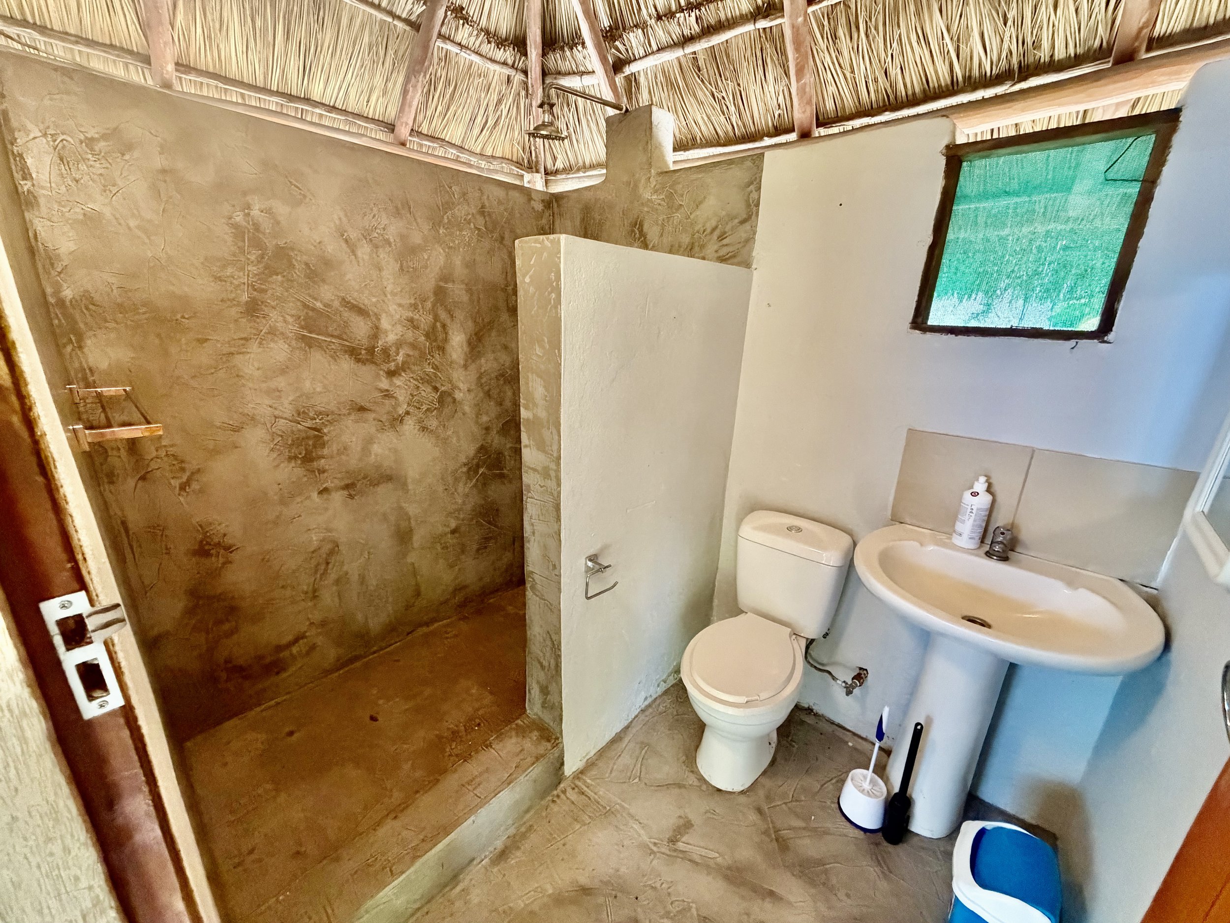 A small bathroom with a thatched roof, a corner shower with a showerhead, a white toilet, a white sink, a mirror, and a window with green mesh screen.