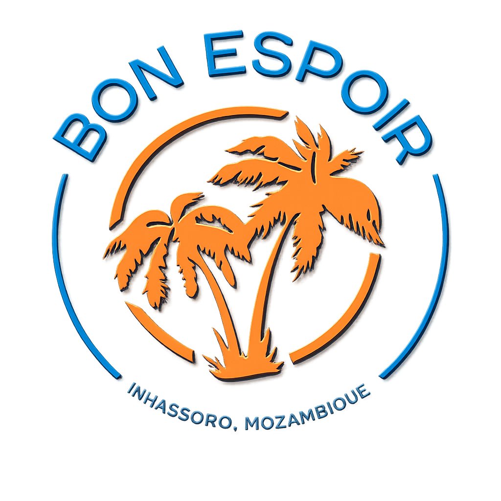 A circular logo for BoN Espor with orange palm trees inside a circle, blue text around the circle, and the words 'Inhassoro, Mozambique' at the bottom.