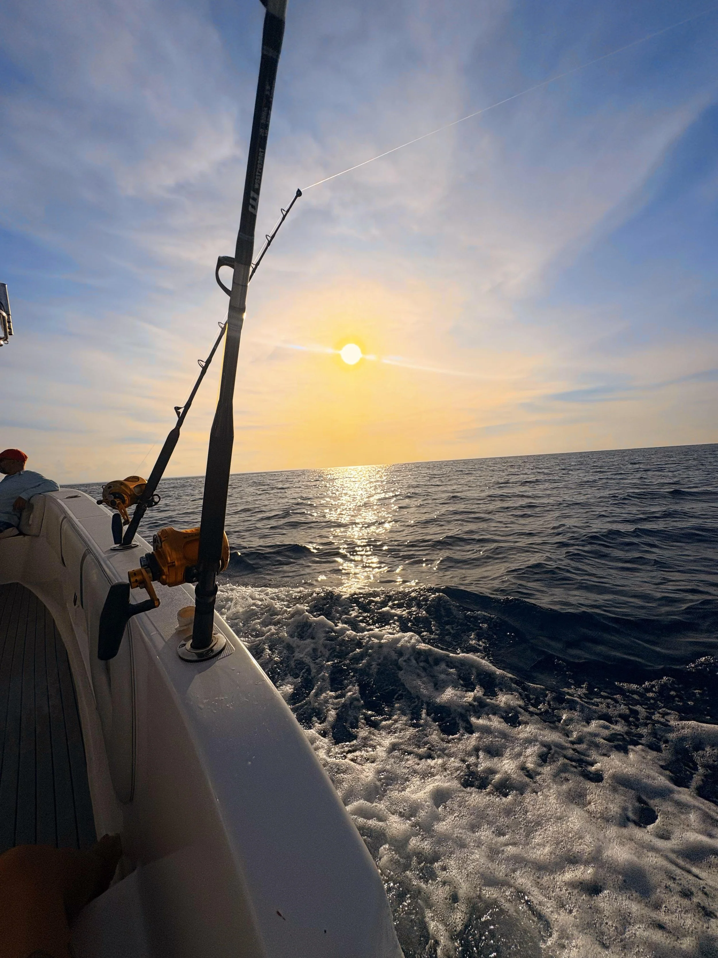 Fishing rods mounted on a boat with a sunset over the ocean in the background.