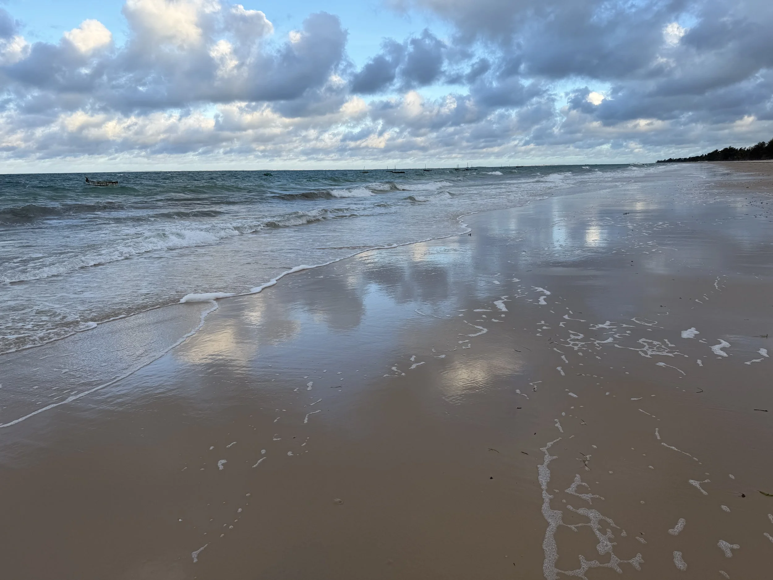 A beach scene with waves gently washing ashore, cloudy sky overhead, and a distant shoreline with trees.