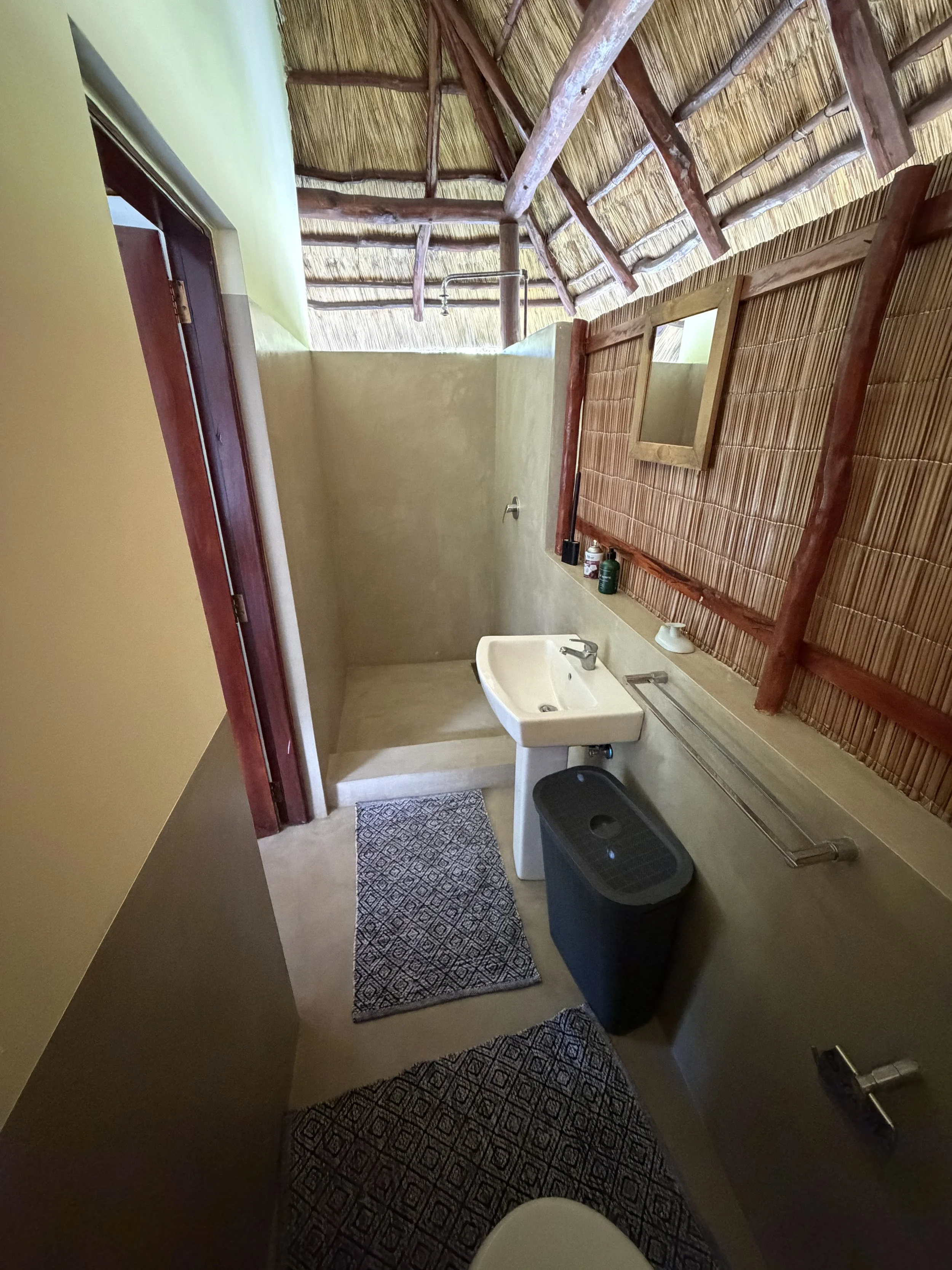 Bathroom with a small sink, a mirror on the wall, a rug, and wooden beams supporting a thatched roof ceiling.