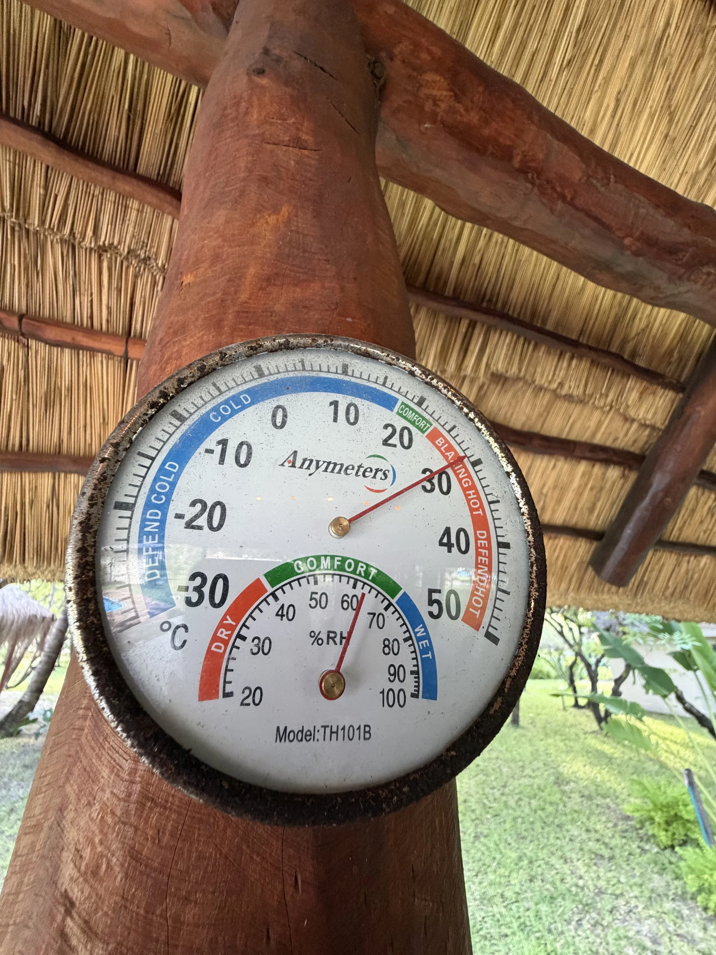 Thermometer mounted on a wooden post showing temperature around 76°F and 24°C, with an outdoor garden scene in the background.