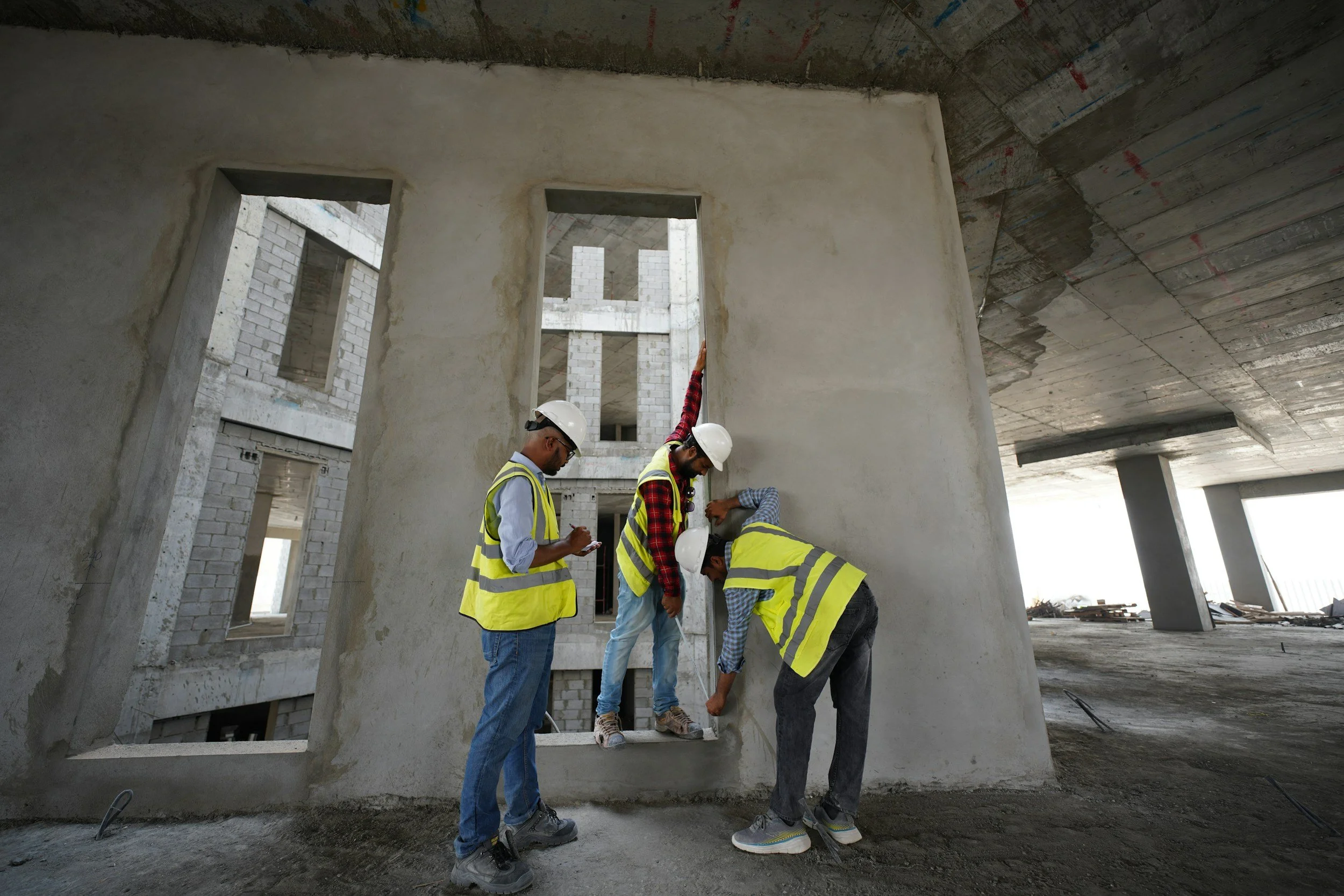 Tres trabajadores en construcción inspeccionando una estructura en un sitio de construcción.