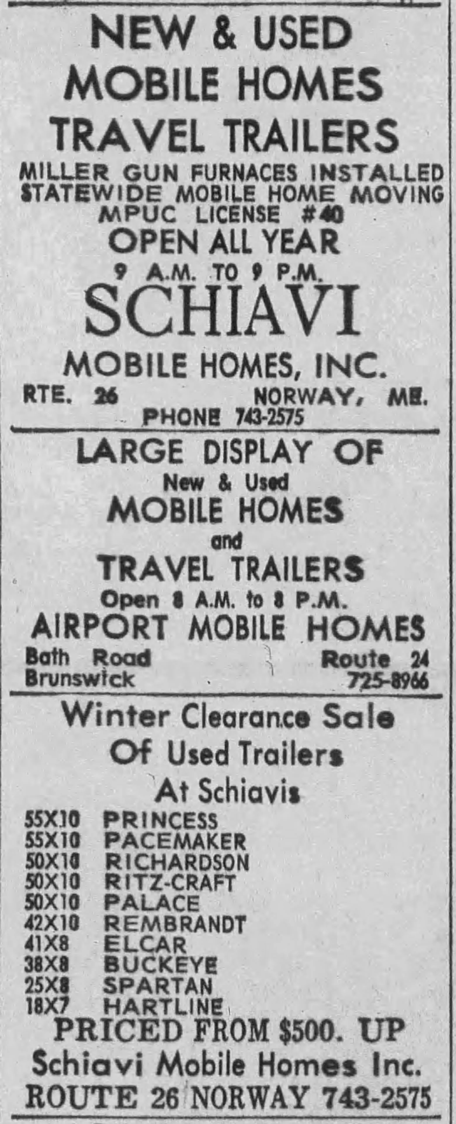 1965 Schiavi Mobile Homes advertisement.