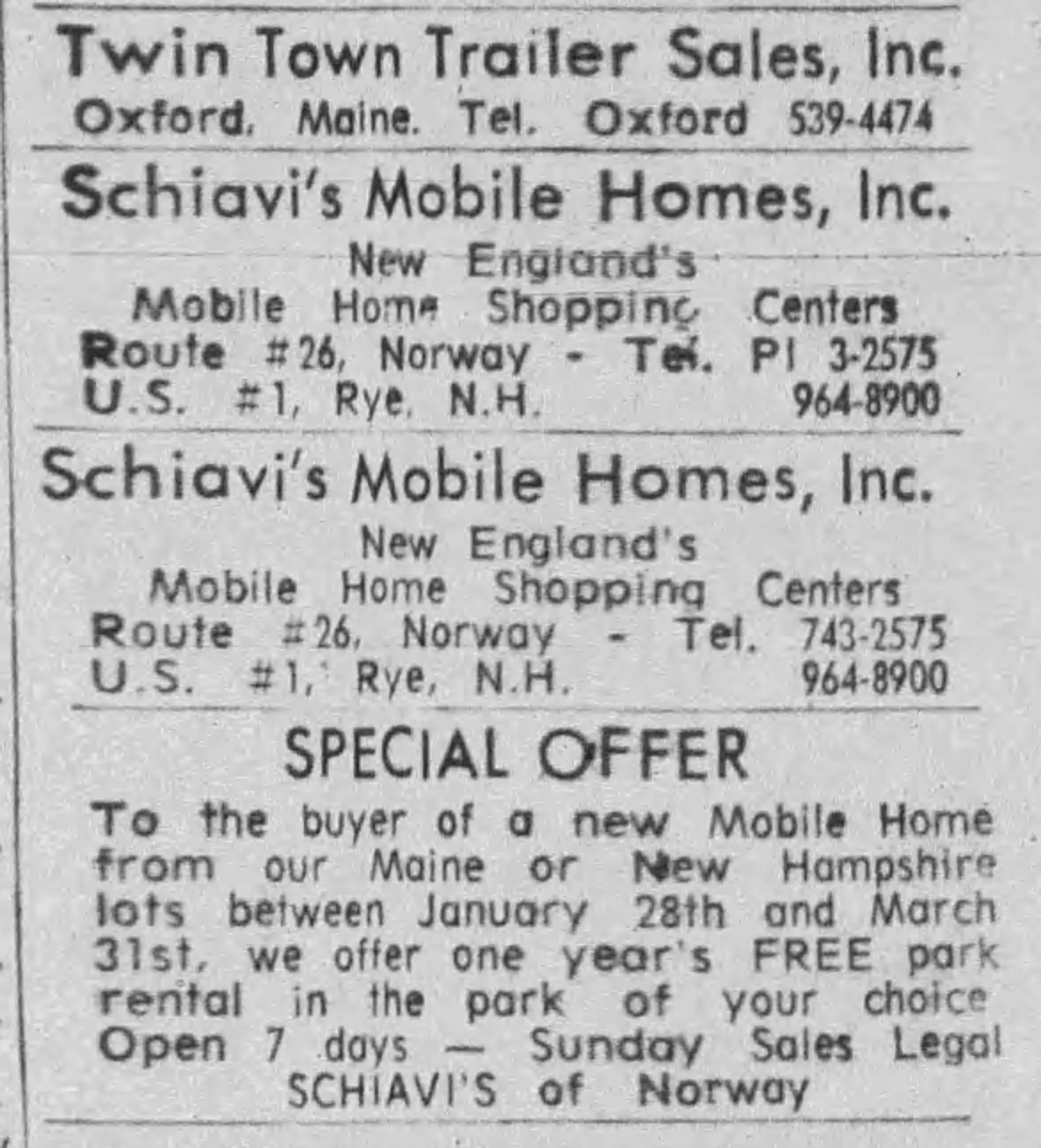 1963 Schiavi's Mobile Homes advertisements listed below an advertisement for our current neighbor: Twin Town Homes!