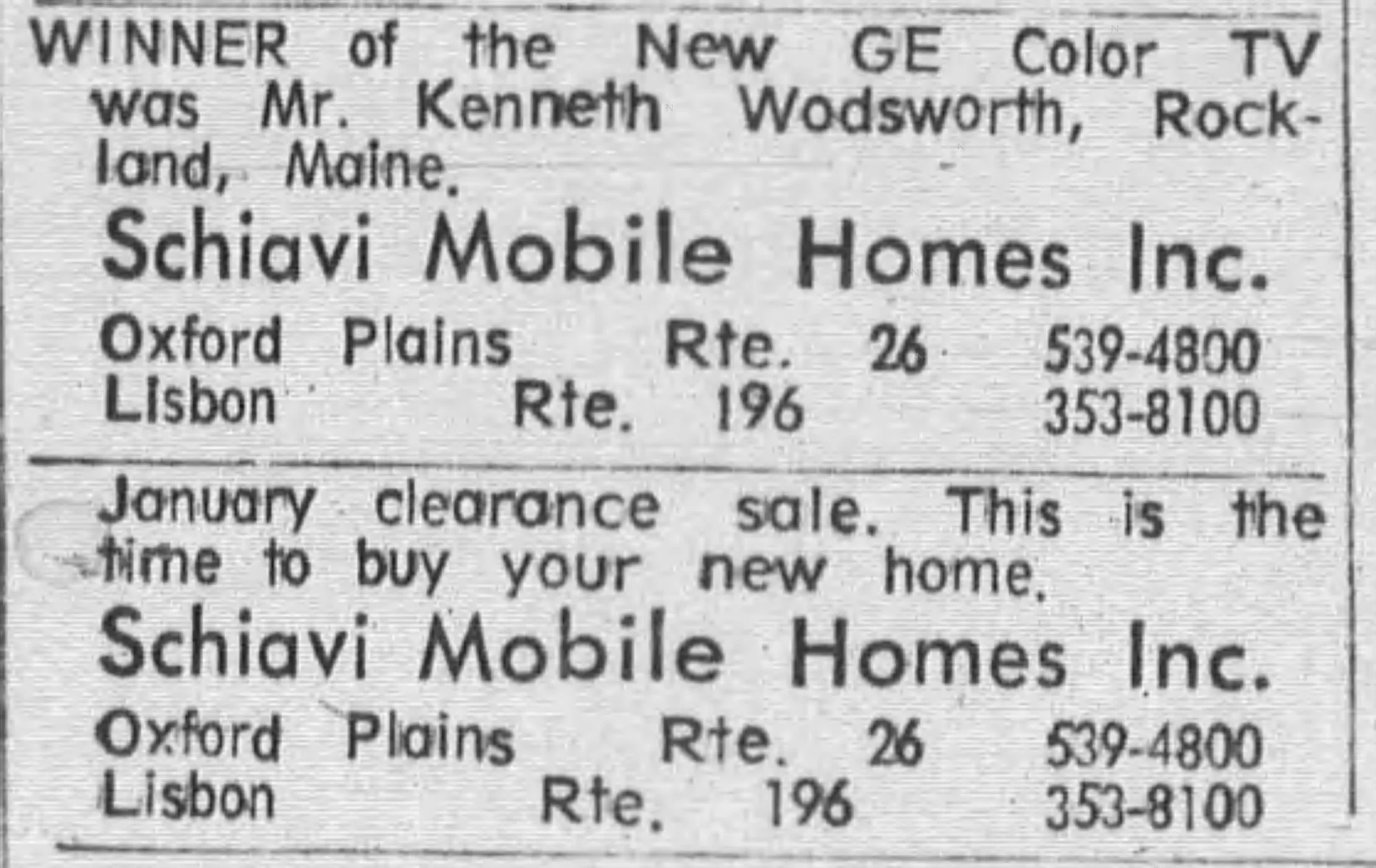 1968 Schiavi Mobile Homes advertisement & announcement. Congrats Mr. Wodsworth.
