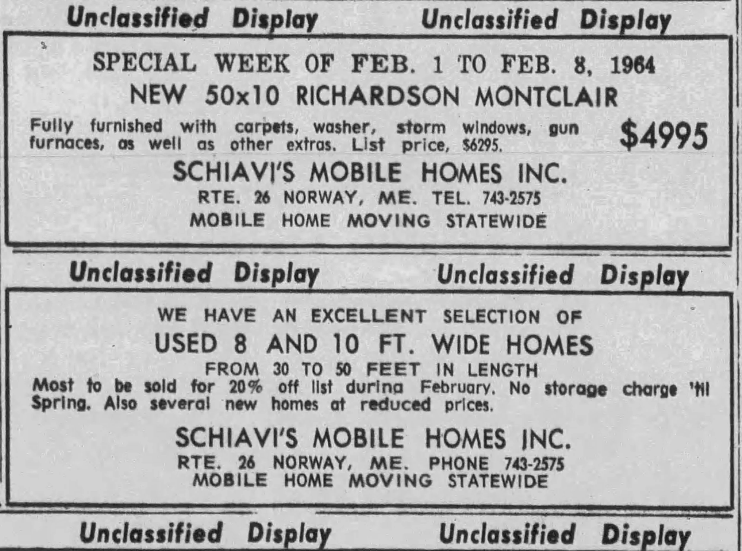 1964 Special of the Week! Schiavi Mobile Homes advertisement.