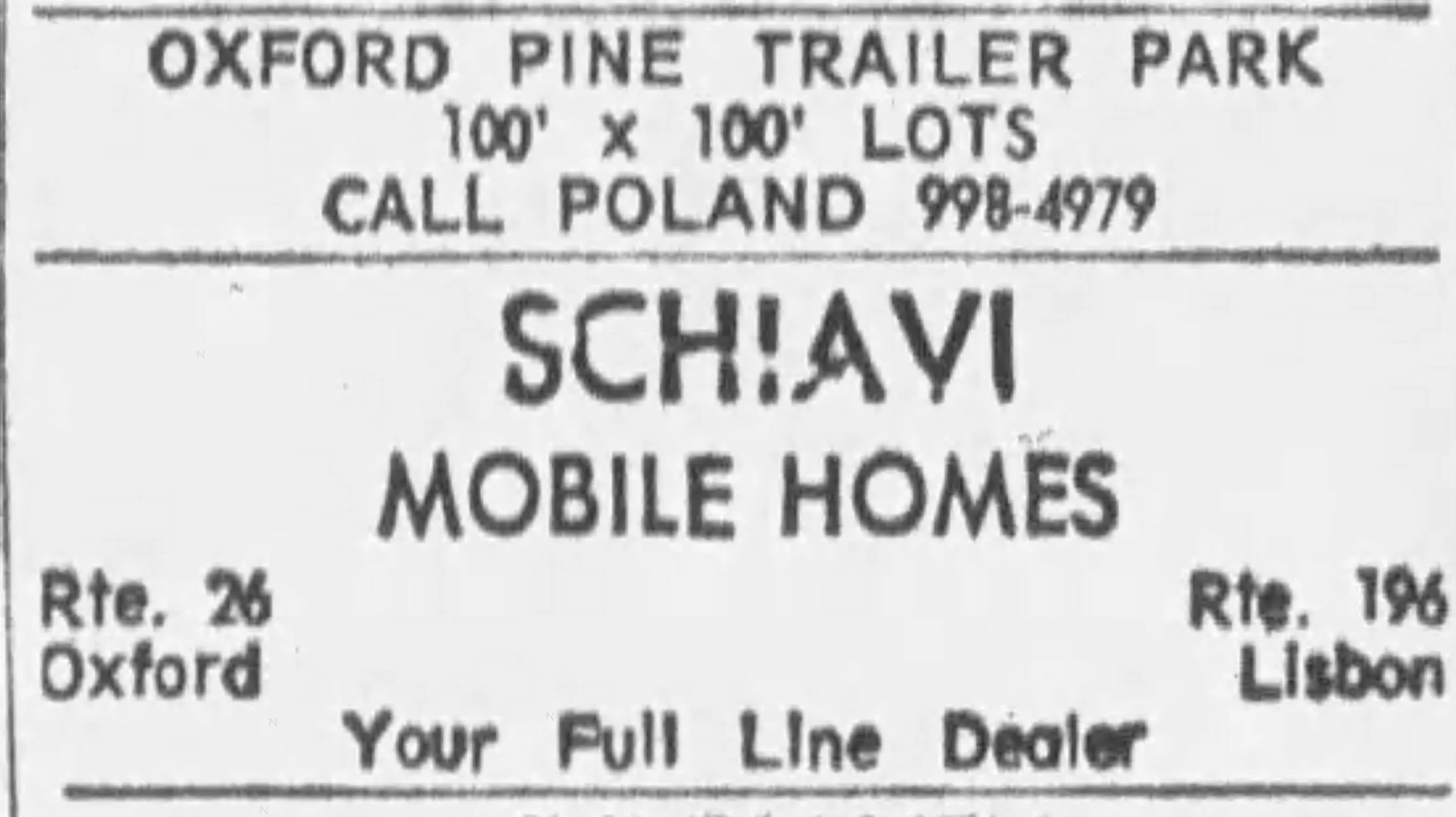 1969 Schiavi Mobile Homes advertisement listed below another local business: Oxford Pine Trailer Park!