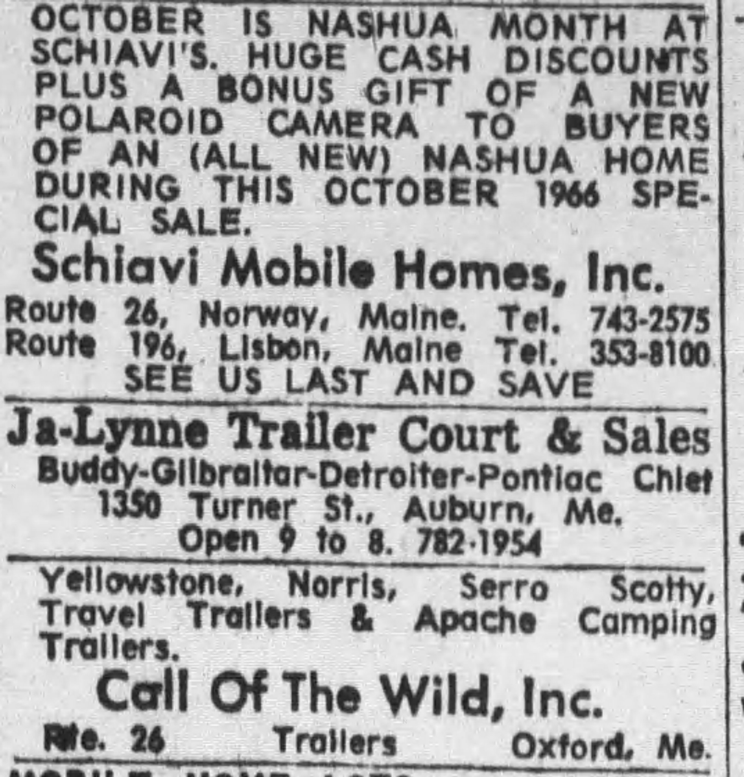 1966 Schiavi Homes Homes advertisement listed above another of our neighbors Call of the Wild!