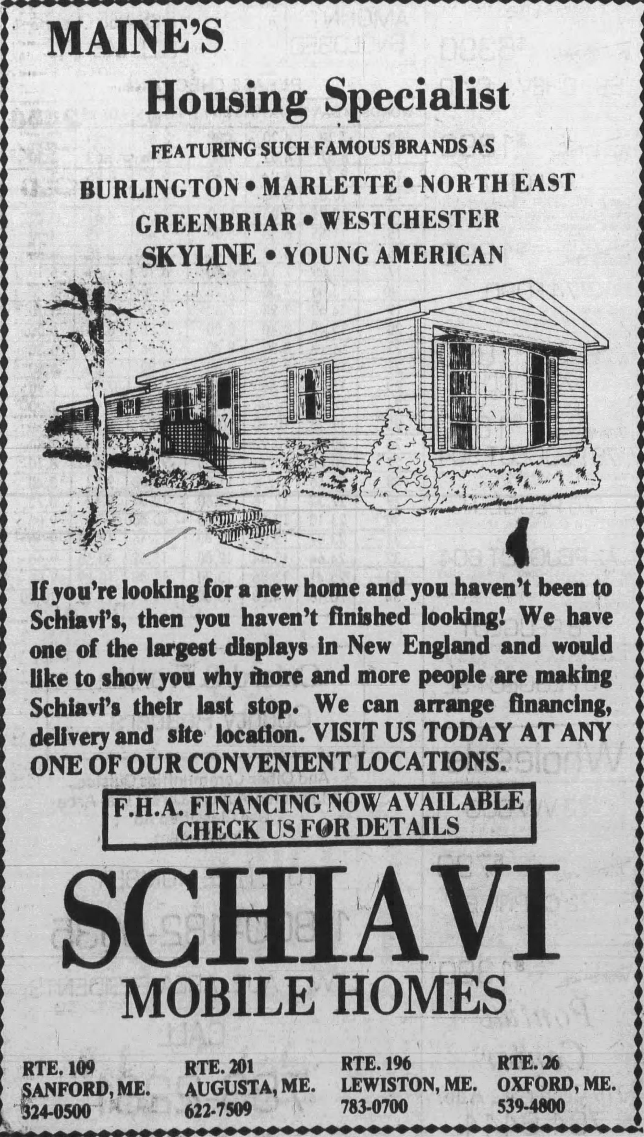 1978 Schiavi Mobile Homes ad: Maine's Housing Specialists