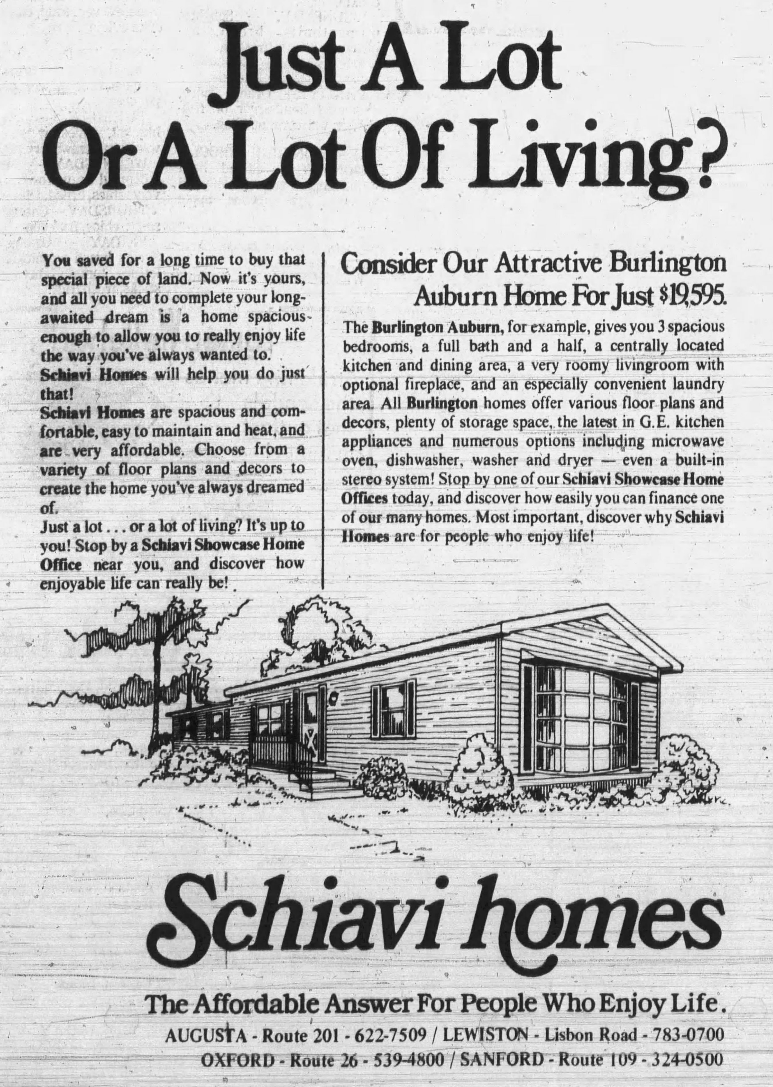 1979 Schiavi Mobile Homes advertisement for Burlington Homes one of the first Mobile Home Manufacturer's to produce homes in Maine.