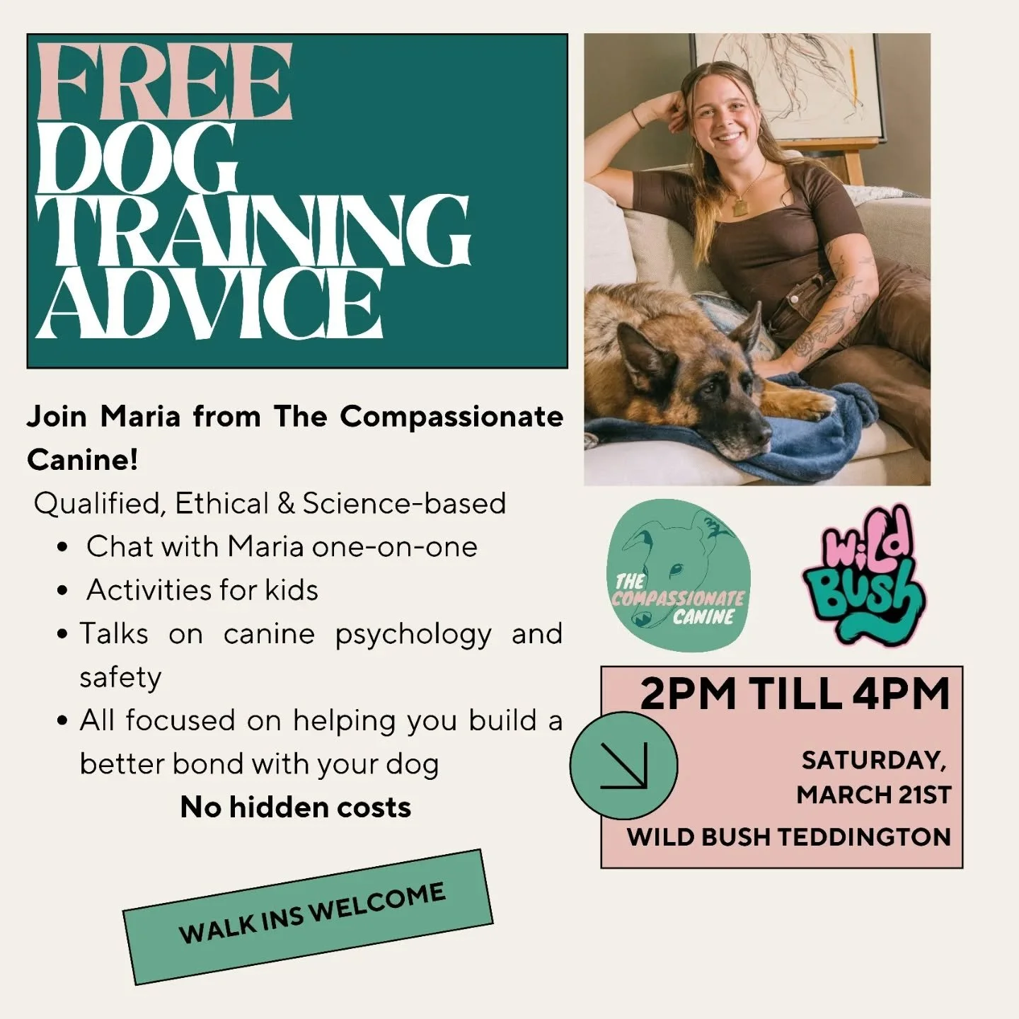 This is TODAY!!! come down and get the ball rolling with some FREE dog training advice!
 WildBush Teddington 2pm till 4pm 

#TeddingtonEvents #dogtrainingcommunity #tw11 #puppybehaviour