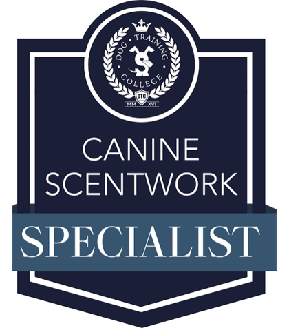 A logo for Dog Training College with the text 'Canine Scentwork Specialist' and a badge featuring a dog silhouette and a paw print.
