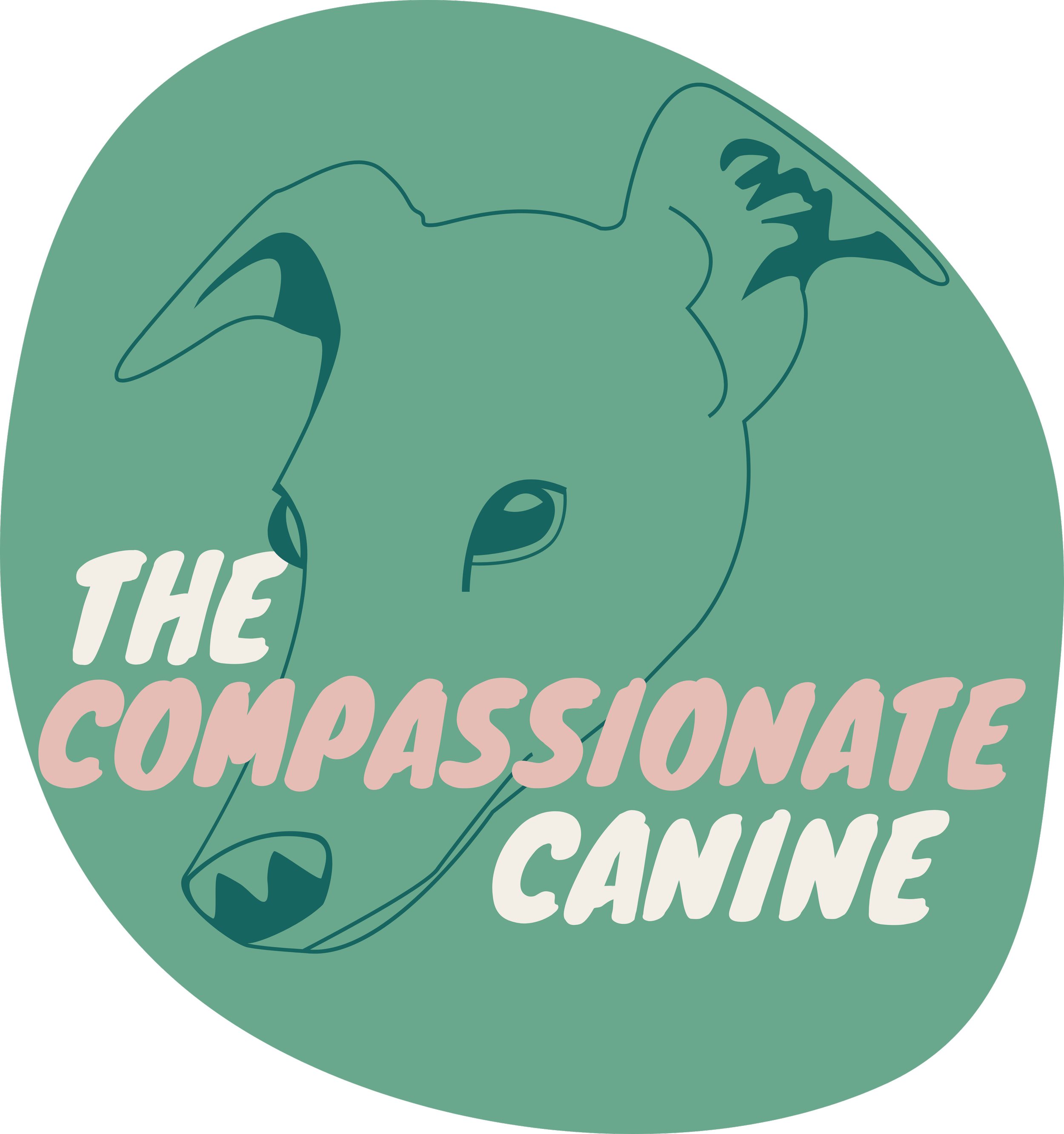 Green circular logo with a minimalist illustration of a dog's face and the stylized text 'The Compassionate Canine' in pink and white.