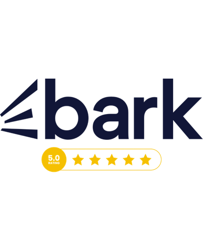 Bark pet insurance logo with four out of five stars and a yellow circle showing a 5.0 rating.
