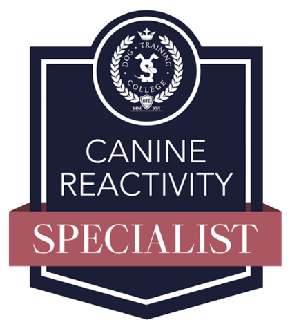 Badge with a circular emblem at the top, the words 'CANINE REACTIVITY' in the center, and a pink ribbon with 'SPECIALIST' written on it.