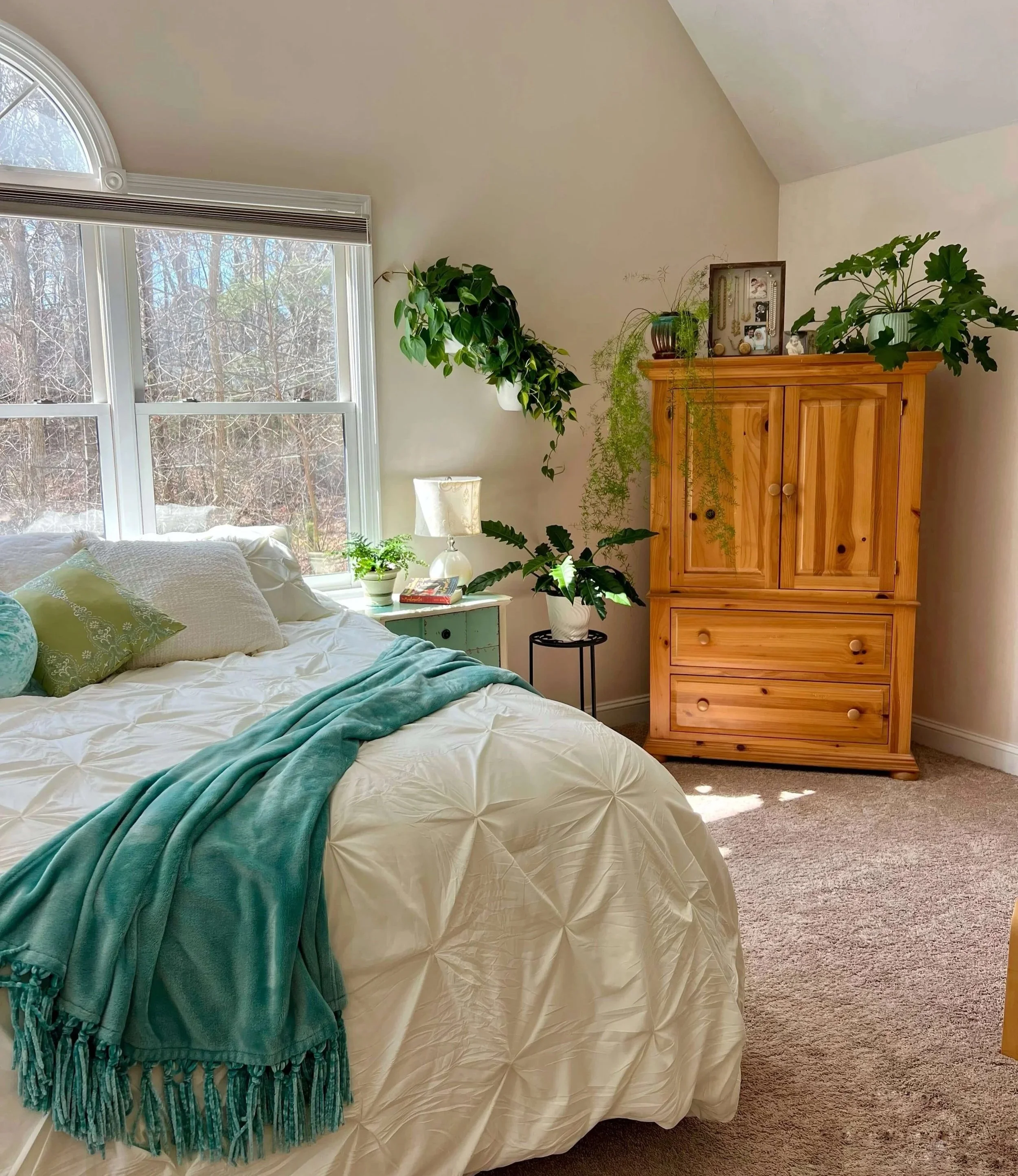 bedroom plant styling with ferns and philodendron in Wellesley MA