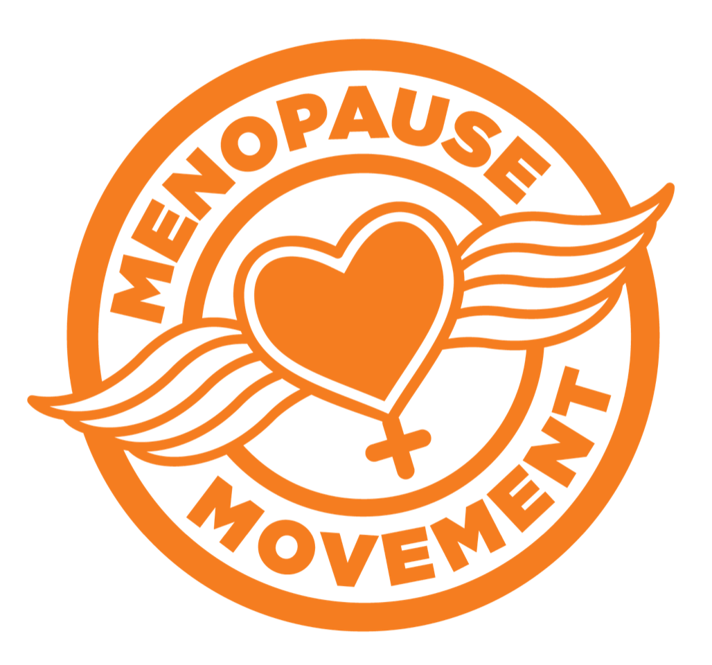 Orange circular logo with a heart and wings, with the text "Womenopause Movement"