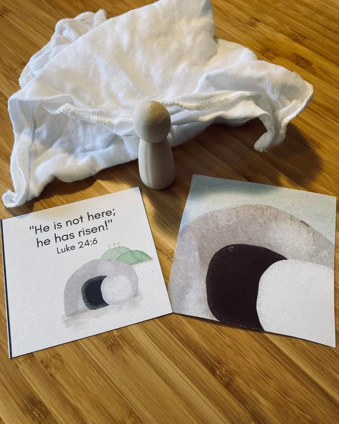 Holy Week Story Bag #7- Easter Day

&ldquo;Very early on Sunday morning the women went to the tomb, carrying the spices they had prepared. They found the stone rolled away from the entrance to the tomb, so they went in; but they did not find the body