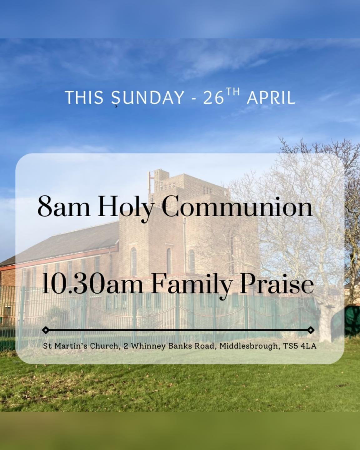 Join us at church this Sunday (26th April)

At 8am we will be gathering for our simple traditional Communion service using the Book of Common Prayer.

10.30am is our Family Praise service for all ages. A relaxed service, exploring faith together thro