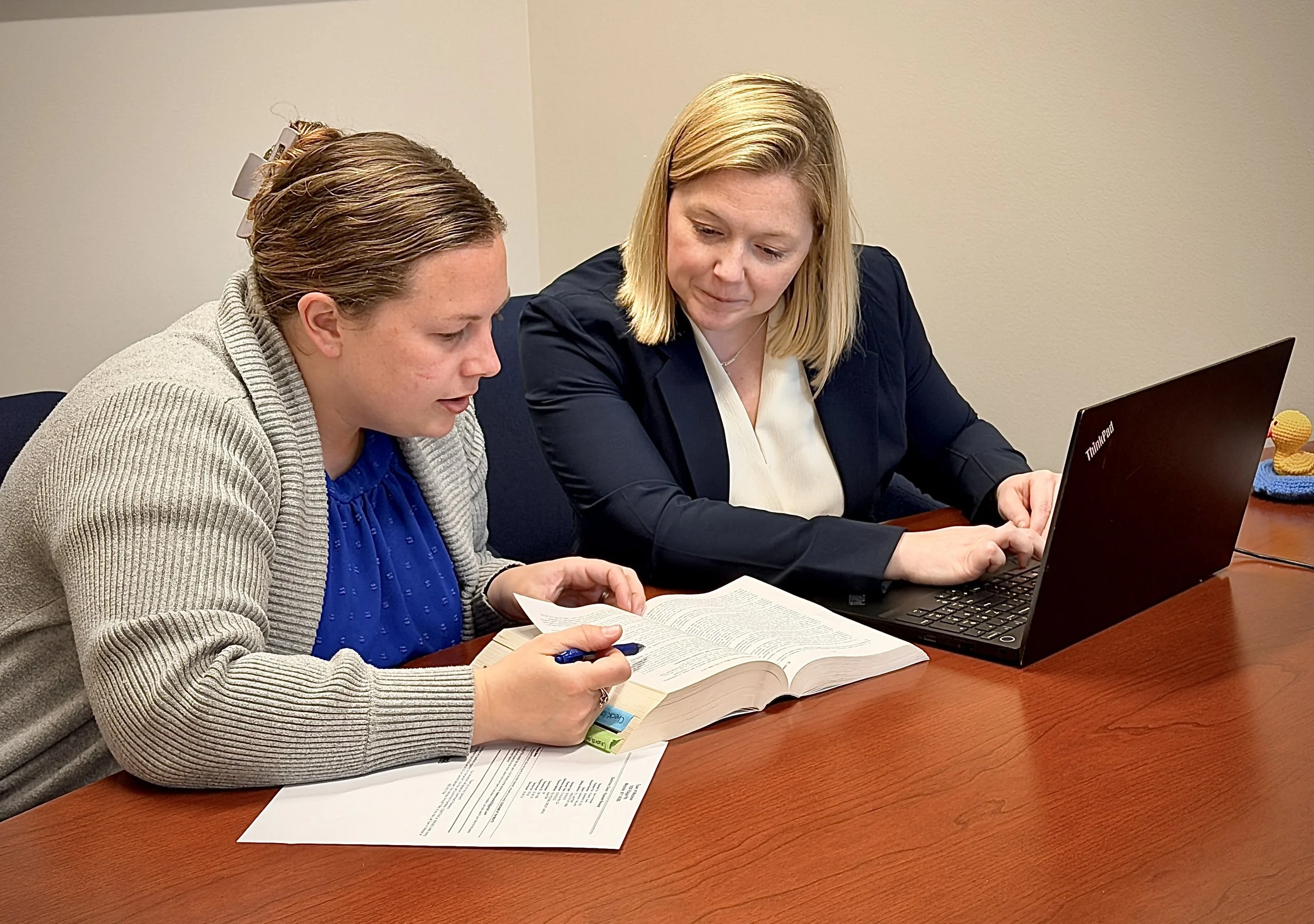 Daniele and Kate working on a laptop, researching