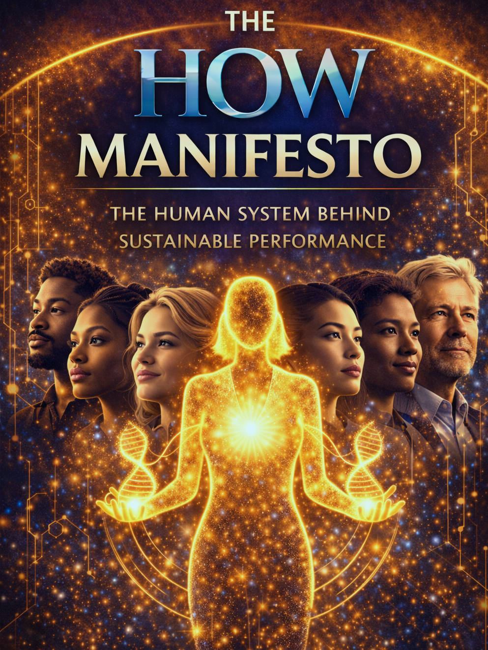 Book cover titled "The How Manifesto" showing diverse people and a glowing human figure with DNA strands, representing human system and sustainability.