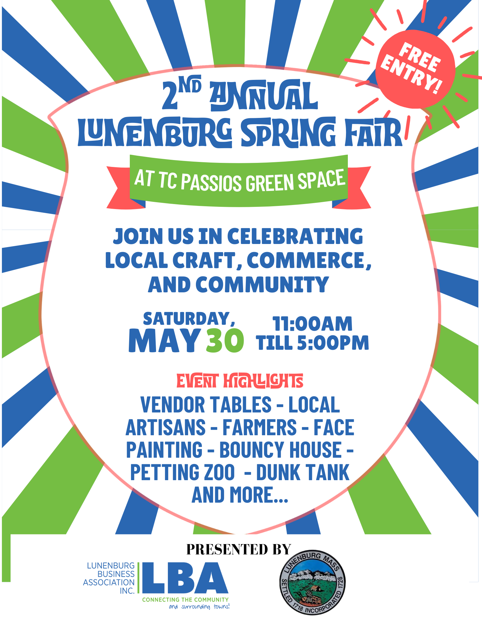 Flyer for the Lunenburg Business Association’s community fair, highlighting local businesses, vendors, and family-friendly activities in Lunenburg, Massachusetts.