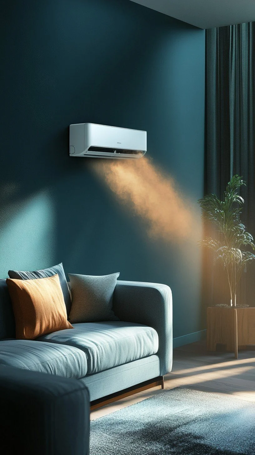 Living room with teal walls, a wall-mounted air conditioner emitting warm airflow, a sofa with multicolored pillows, a potted plant near a window with curtains, and hardwood floors.