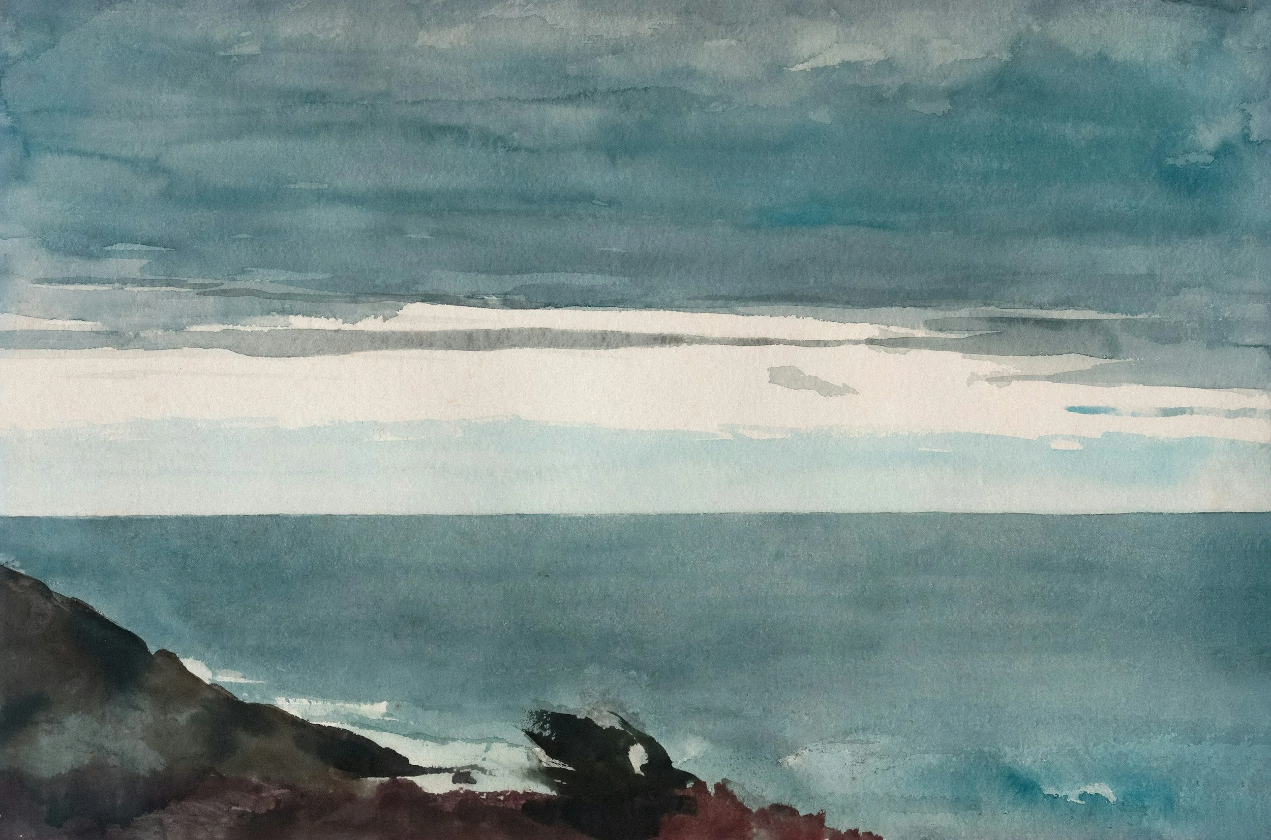 Watercolor painting of a mountain landscape with dark rocky peaks, and a cloudy sky in shades of blue and gray.